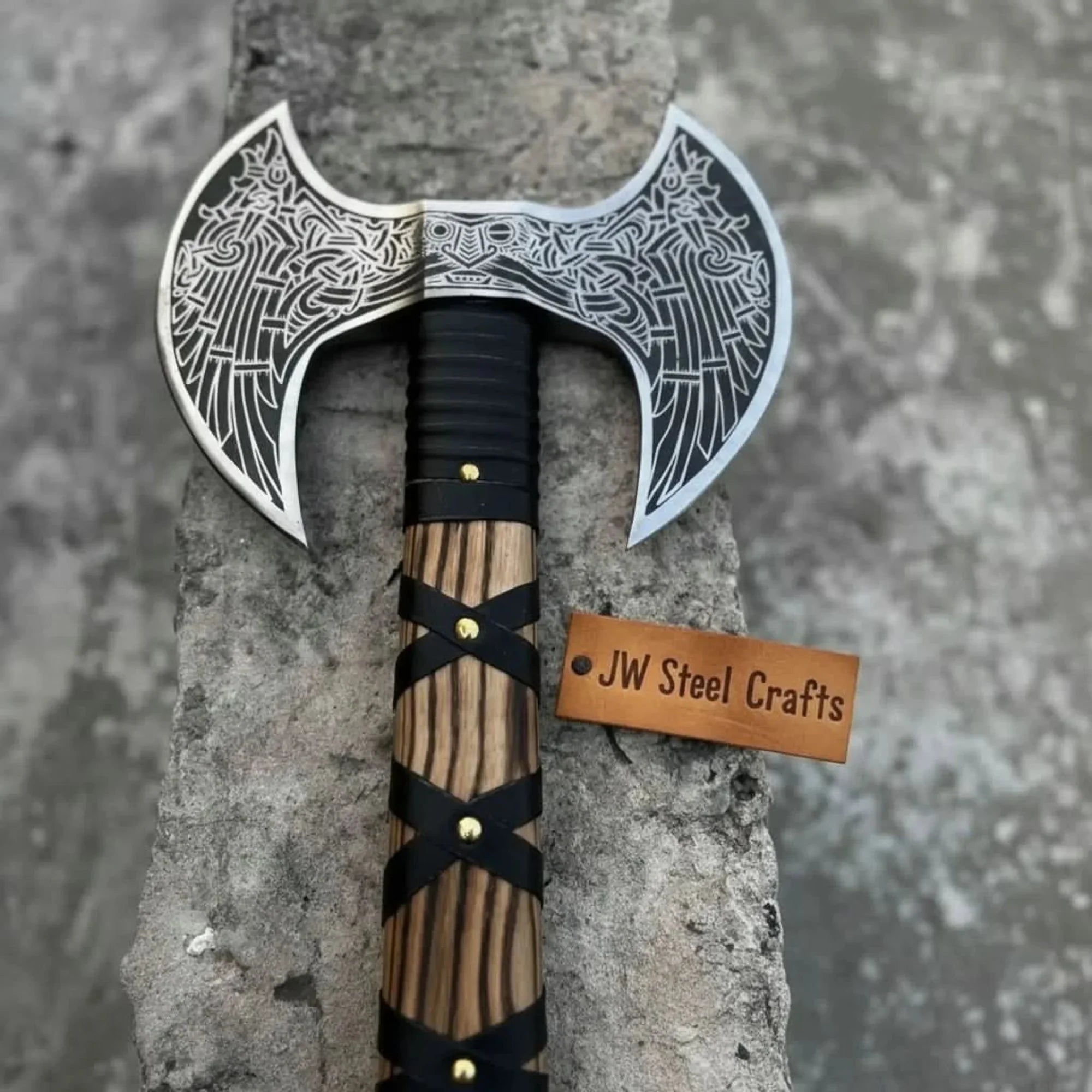 Hand Engraved Double Headed Viking Axe with Nordic Knotwork and Leather Wrapped Handle