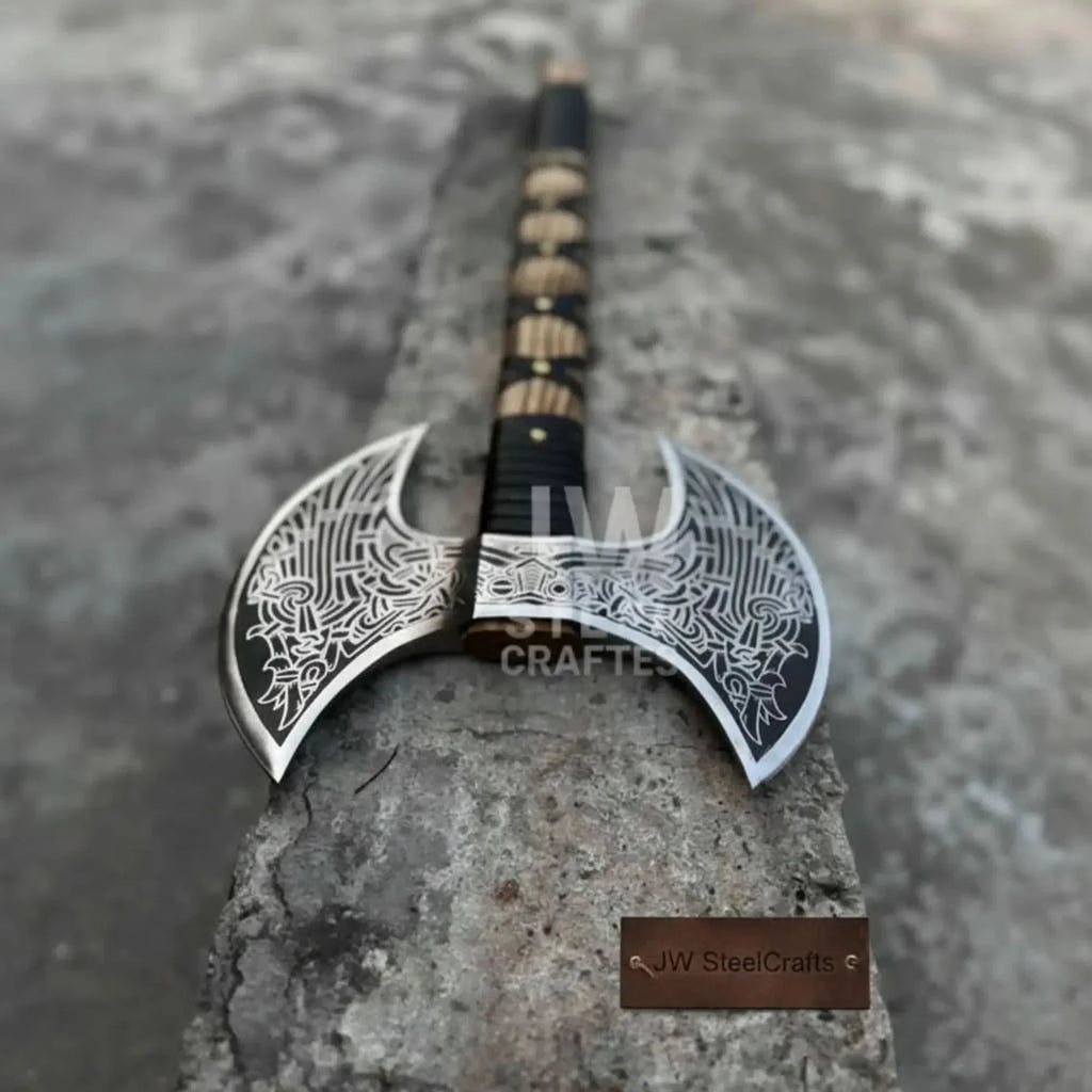 Hand Engraved Double Headed Viking Axe with Nordic Knotwork and Leather Wrapped Handle