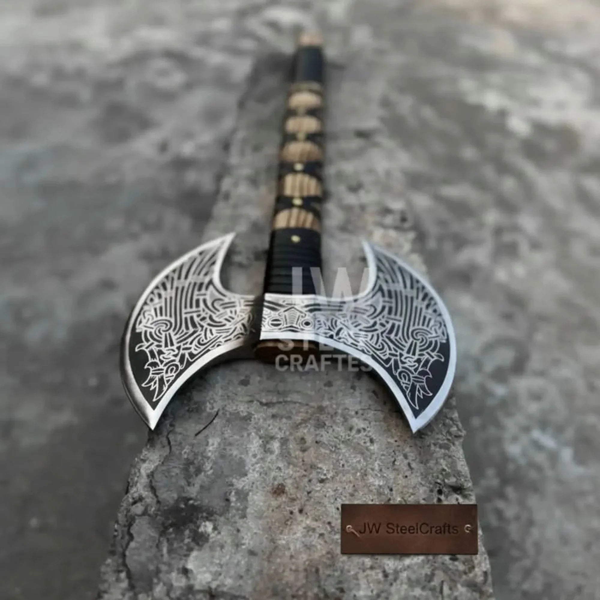 Hand Engraved Double Headed Viking Axe with Nordic Knotwork and Leather Wrapped Handle
