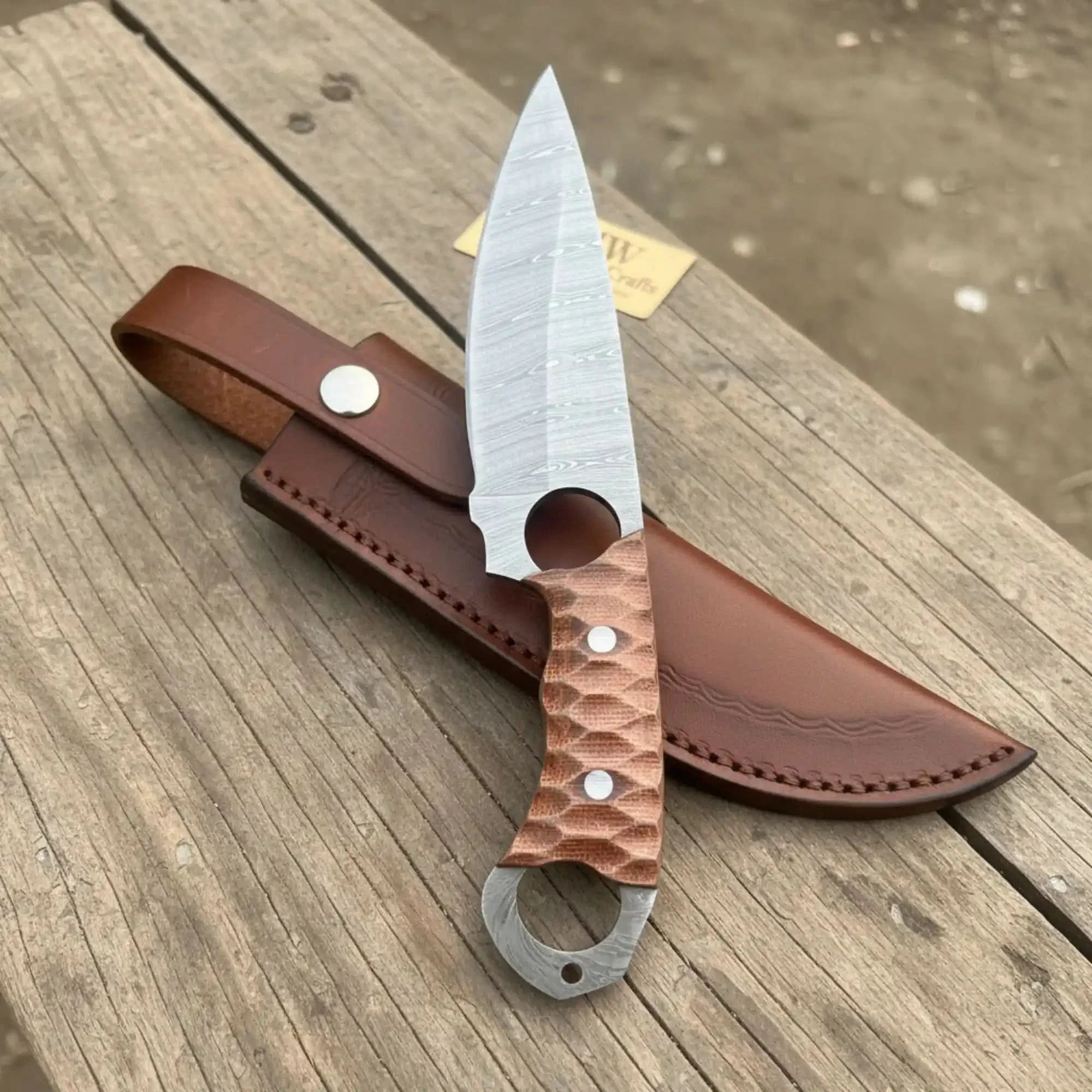 Handmade Damascus Karambit Hunting Knife with Brown Micarta Handle