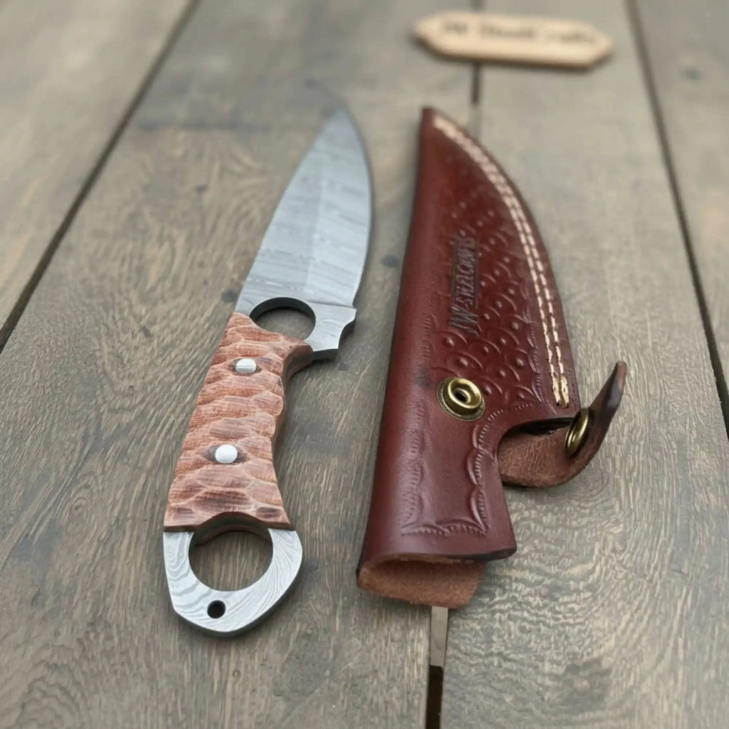 Handmade Damascus Karambit Hunting Knife with Brown Micarta Handle