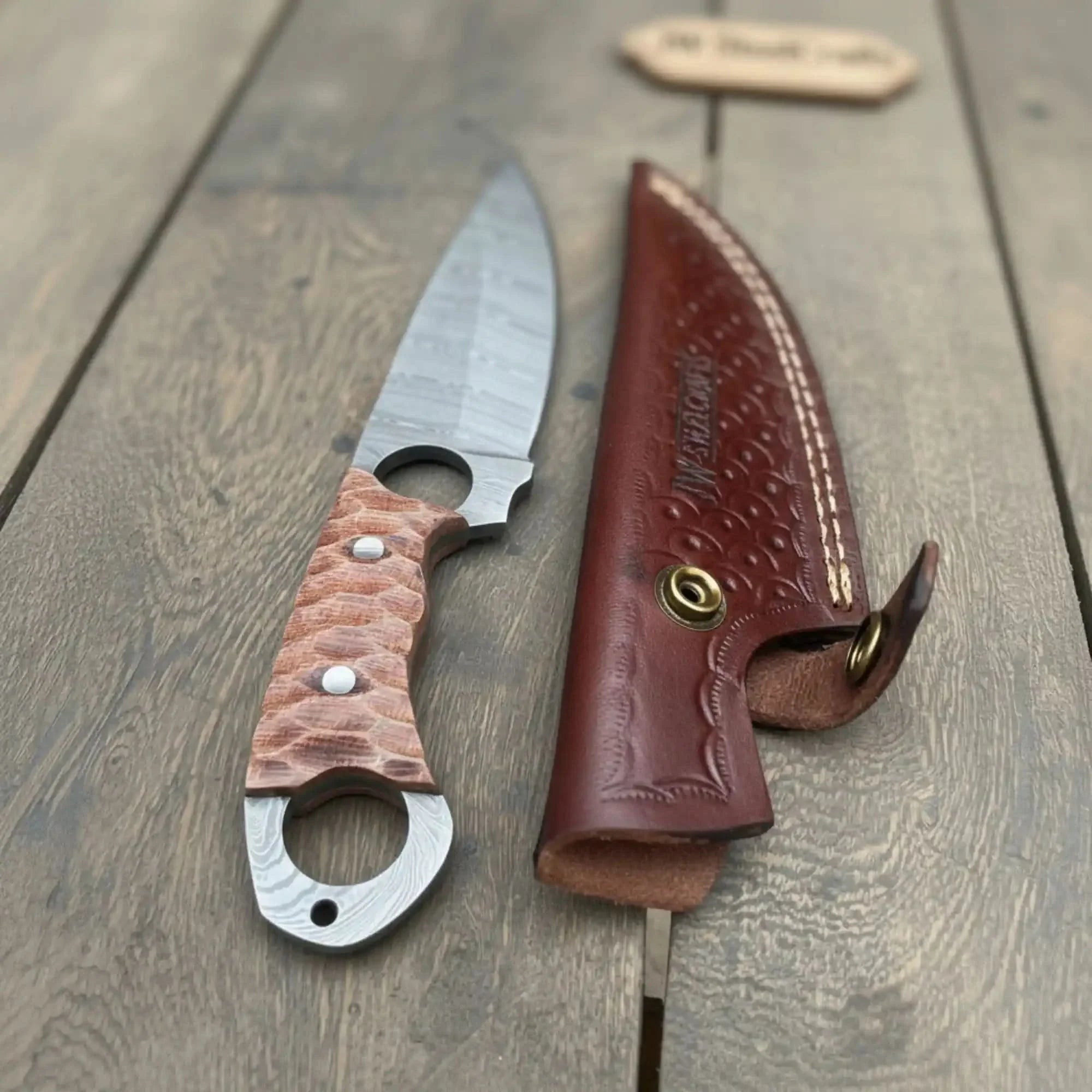Handmade Damascus Karambit Hunting Knife with Brown Micarta Handle