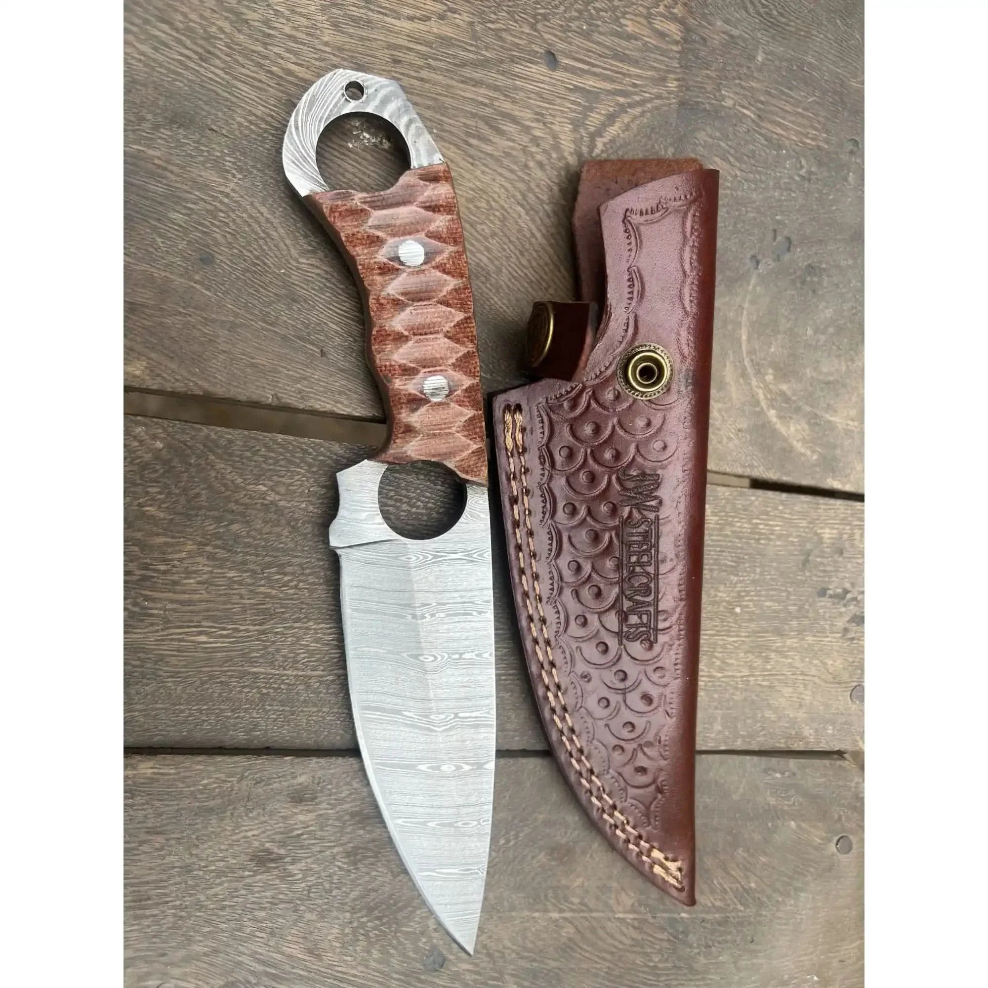 Handmade Damascus Karambit Hunting Knife with Brown Micarta Handle