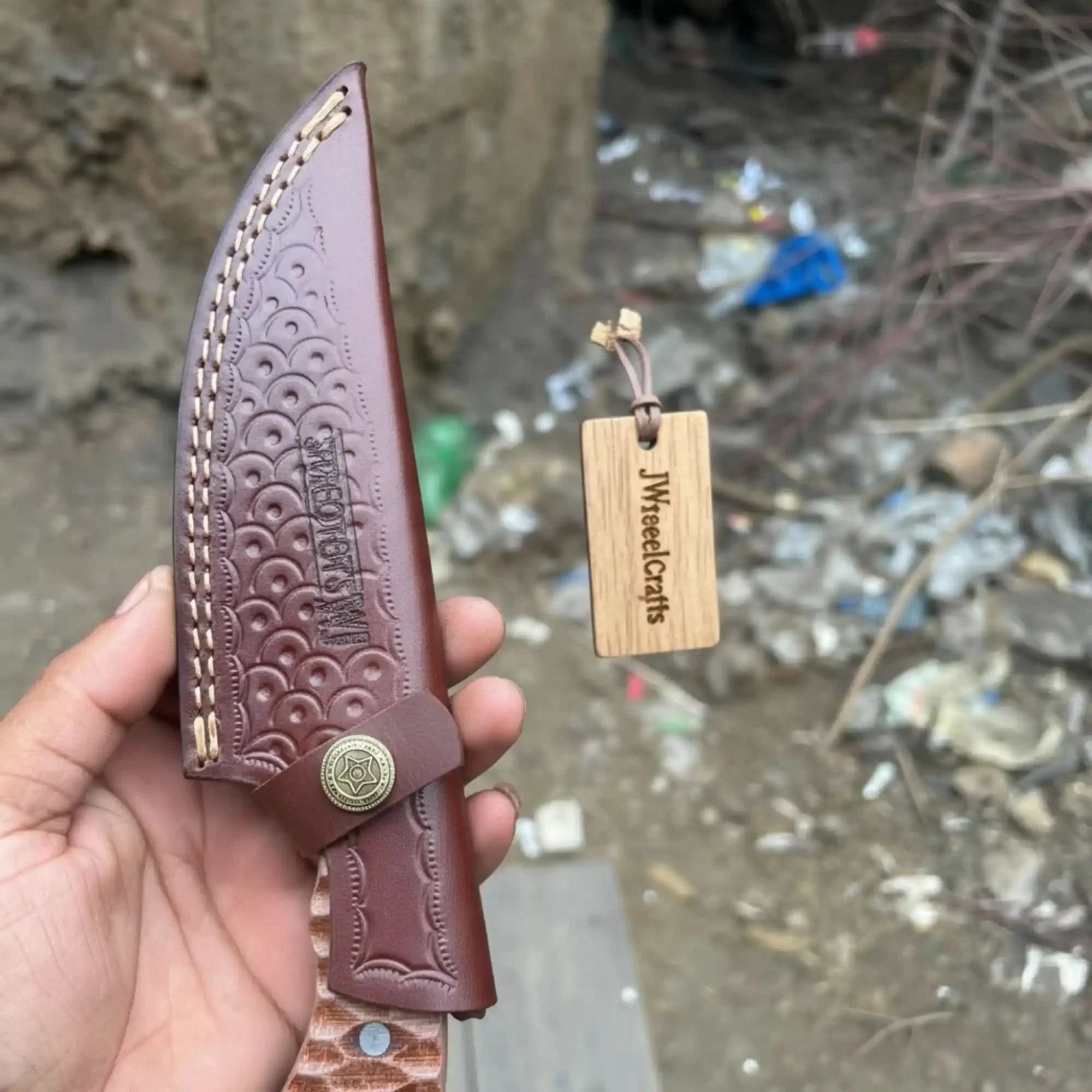 Handmade Damascus Karambit Hunting Knife with Brown Micarta Handle