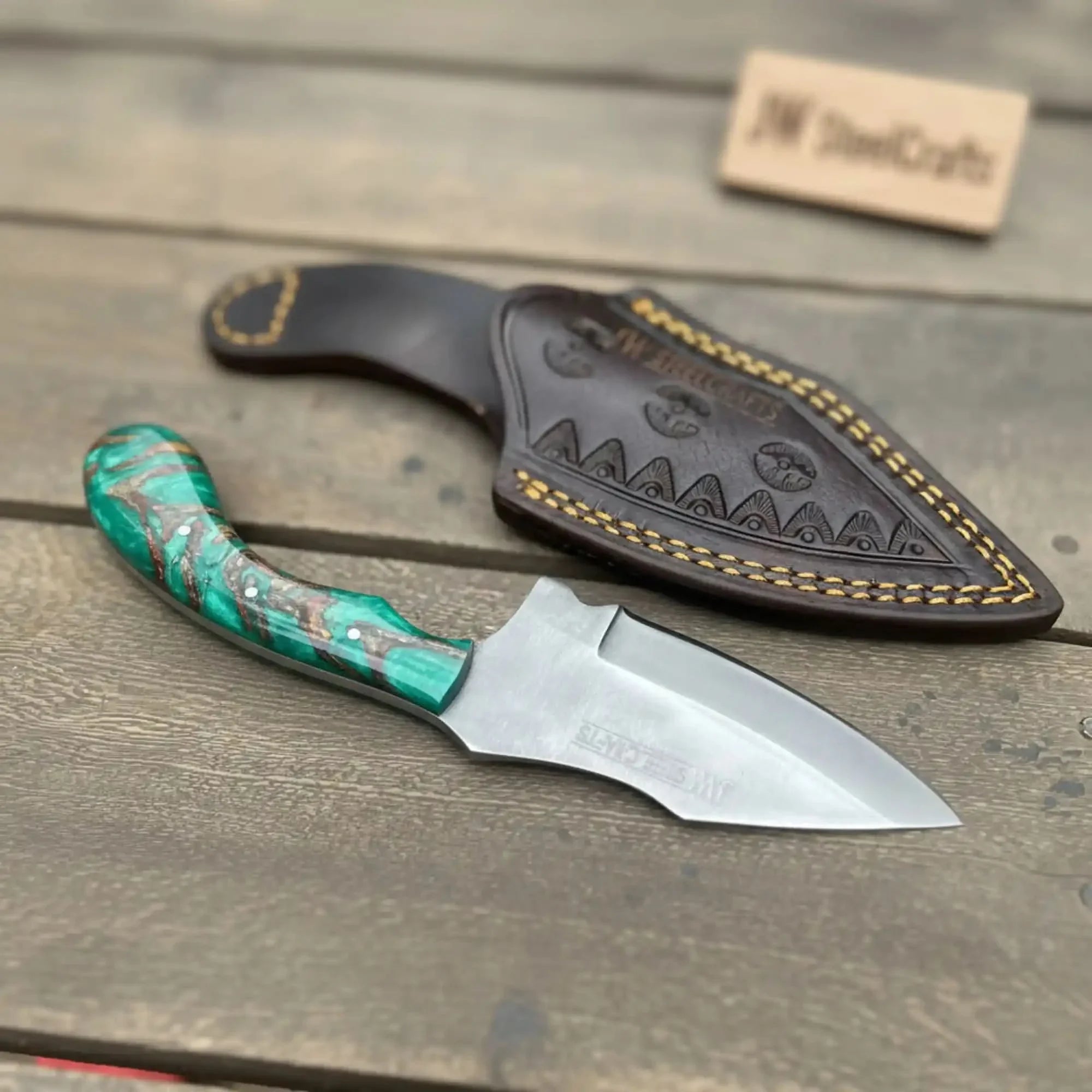 Handmade Skinner Knife with Green Pinecone Resin Handle