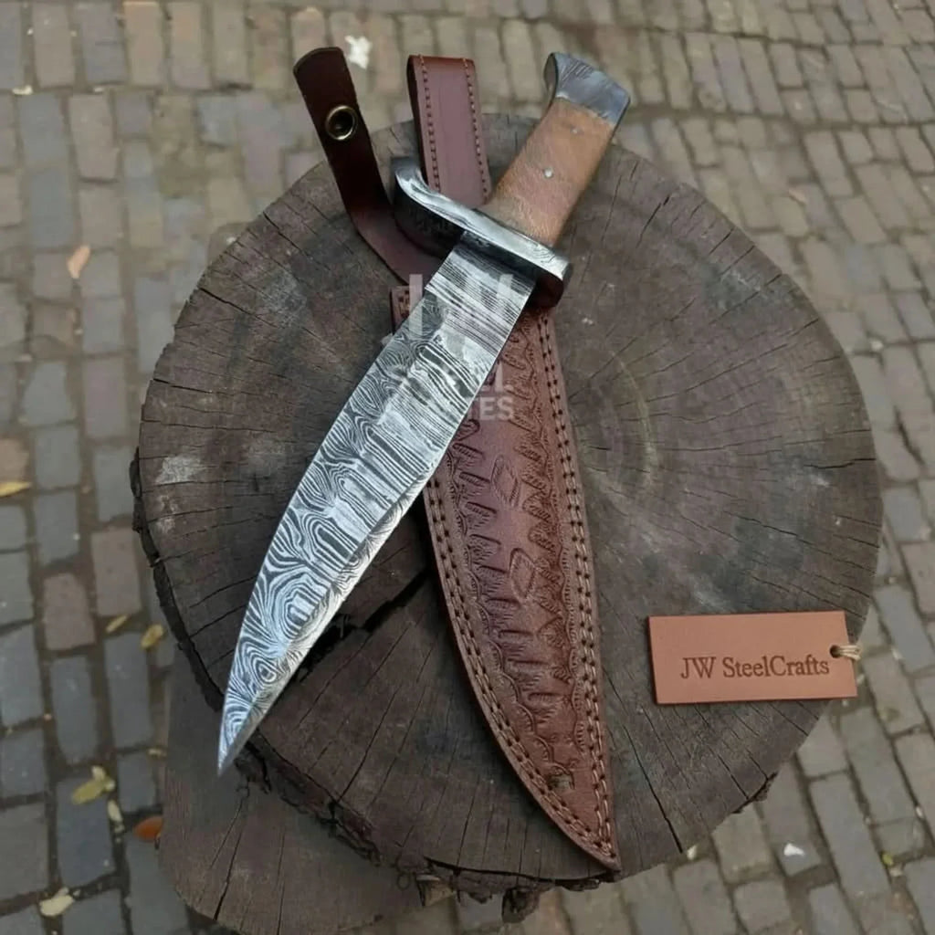14-Inch Damascus Frontier Bowie Knife — 9-Inch Blade, Lace Wood Coffin Handle, Steel Guard & Tooled Leather Sheath