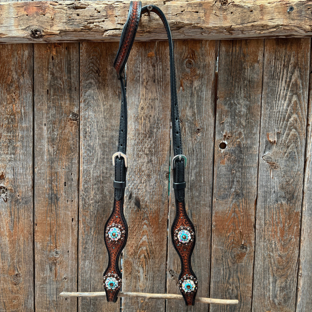 Teal Diamond Topaz and Turquoise Browband / One Ear - Breastcollar Tack Set #BBBC650 — view 6