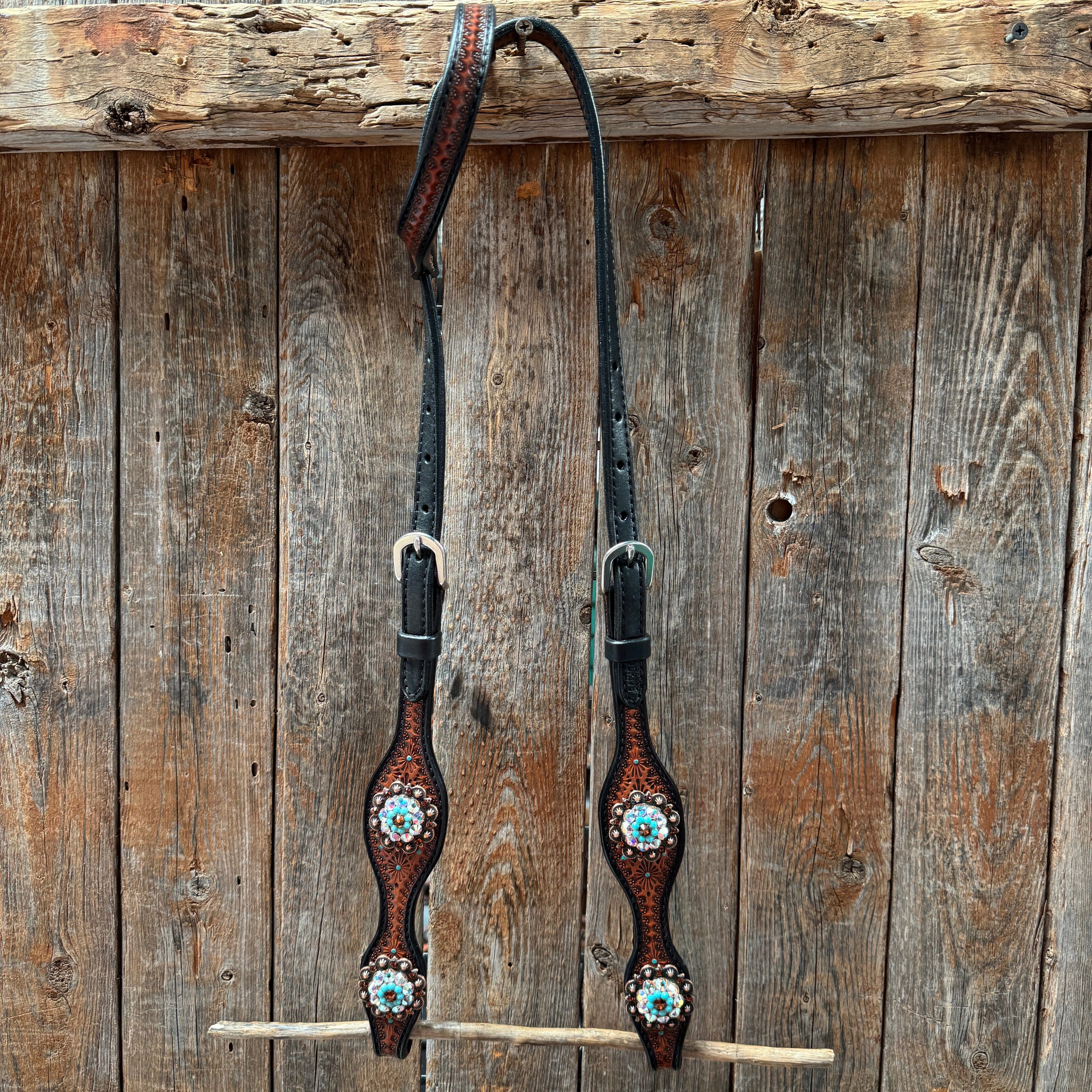 Teal Diamond Topaz and Turquoise Browband / One Ear - Breastcollar Tack Set #BBBC650 — view 6