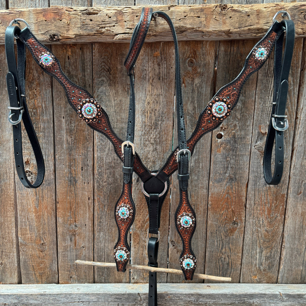 Teal Diamond Topaz and Turquoise Browband / One Ear - Breastcollar Tack Set #BBBC650 — view 2