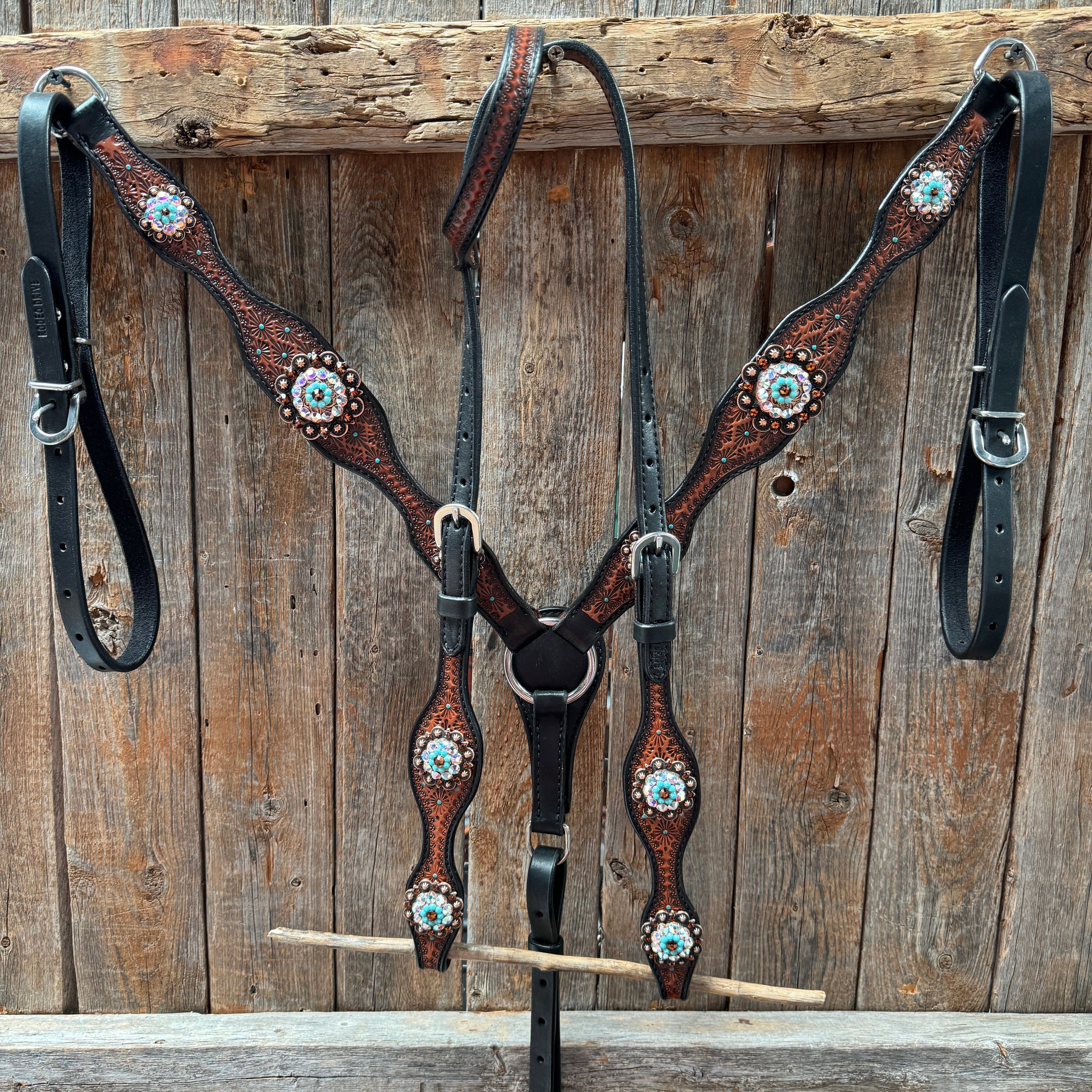 Teal Diamond Topaz and Turquoise Browband / One Ear - Breastcollar Tack Set #BBBC650 — view 2