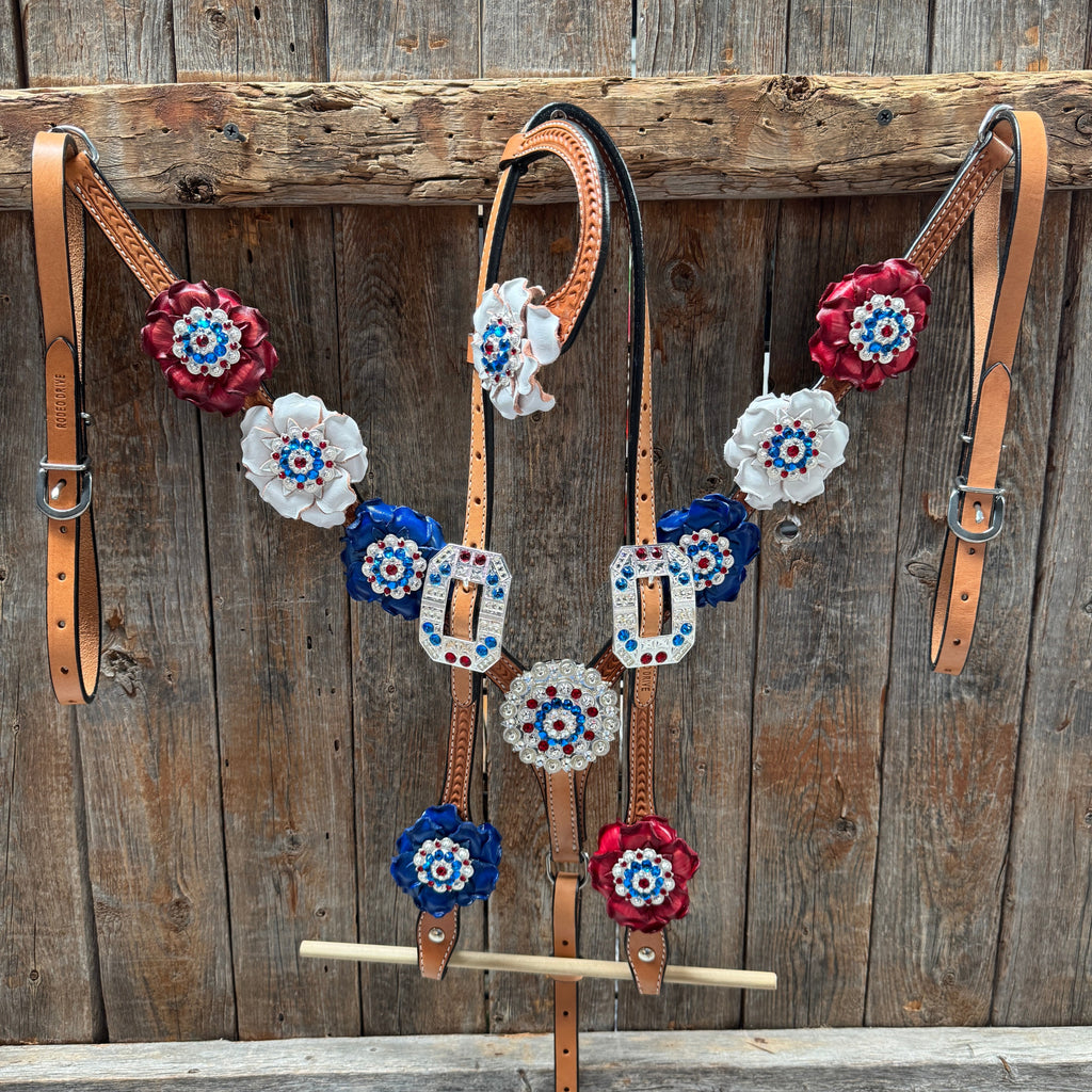 Light Oil Basketweave Patriotic Browband / One Ear Tack Set #BBBC470 — view 2