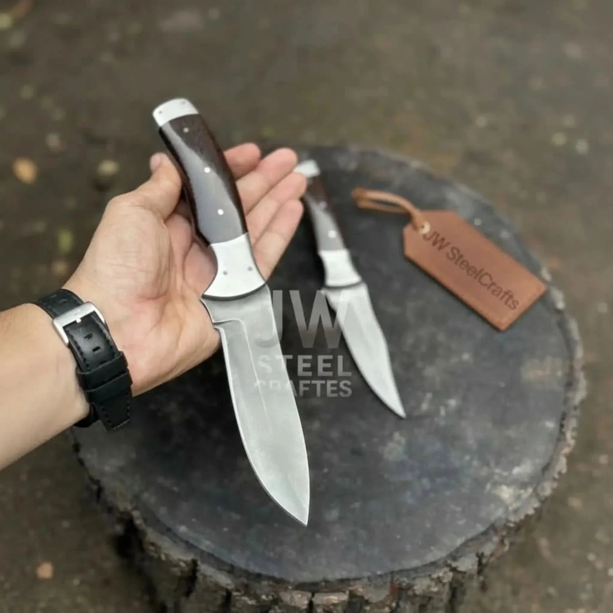 3-Piece High Carbon Steel Kitchen Knife Set Cleaver, Chef & Paring Knife with Dark Rosewood Handles & Leather Sheaths