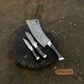 3-Piece High Carbon Steel Kitchen Knife Set Cleaver, Chef & Paring Knife with Dark Rosewood Handles & Leather Sheaths