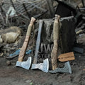 Norse Viking Axe Set with Engraved Steel Heads and Carved Hardwood Handles