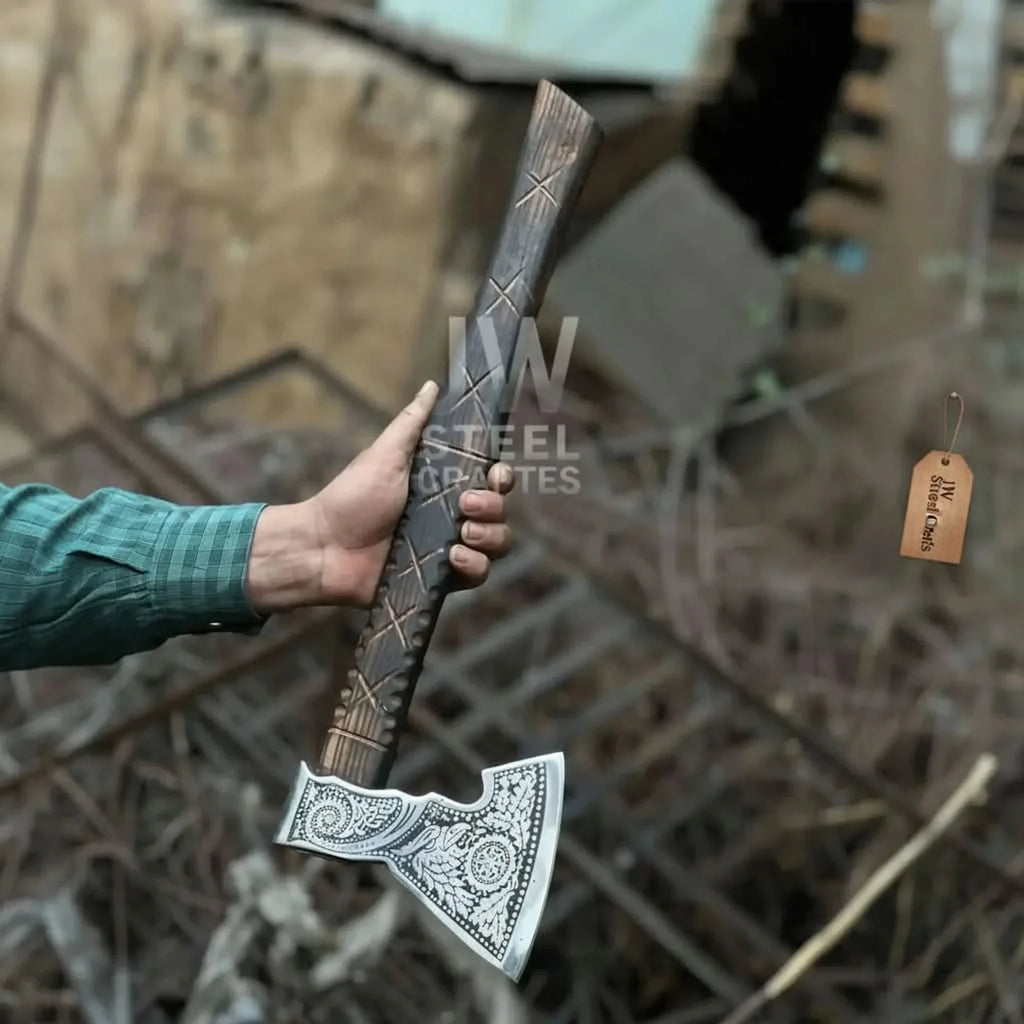 Norse Viking Axe Set with Engraved Steel Heads and Carved Hardwood Handles
