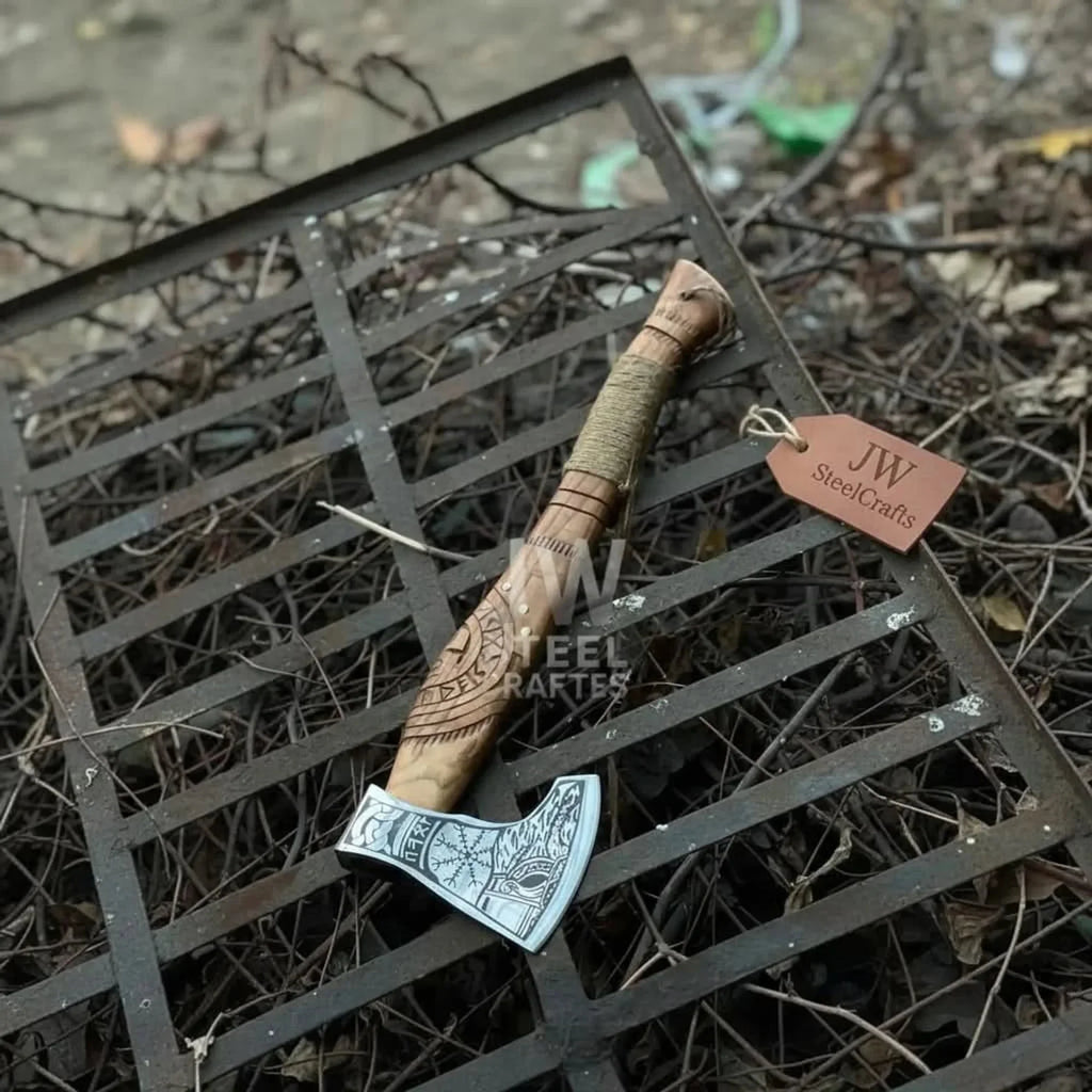 Norse Viking Axe Set with Engraved Steel Heads and Carved Hardwood Handles