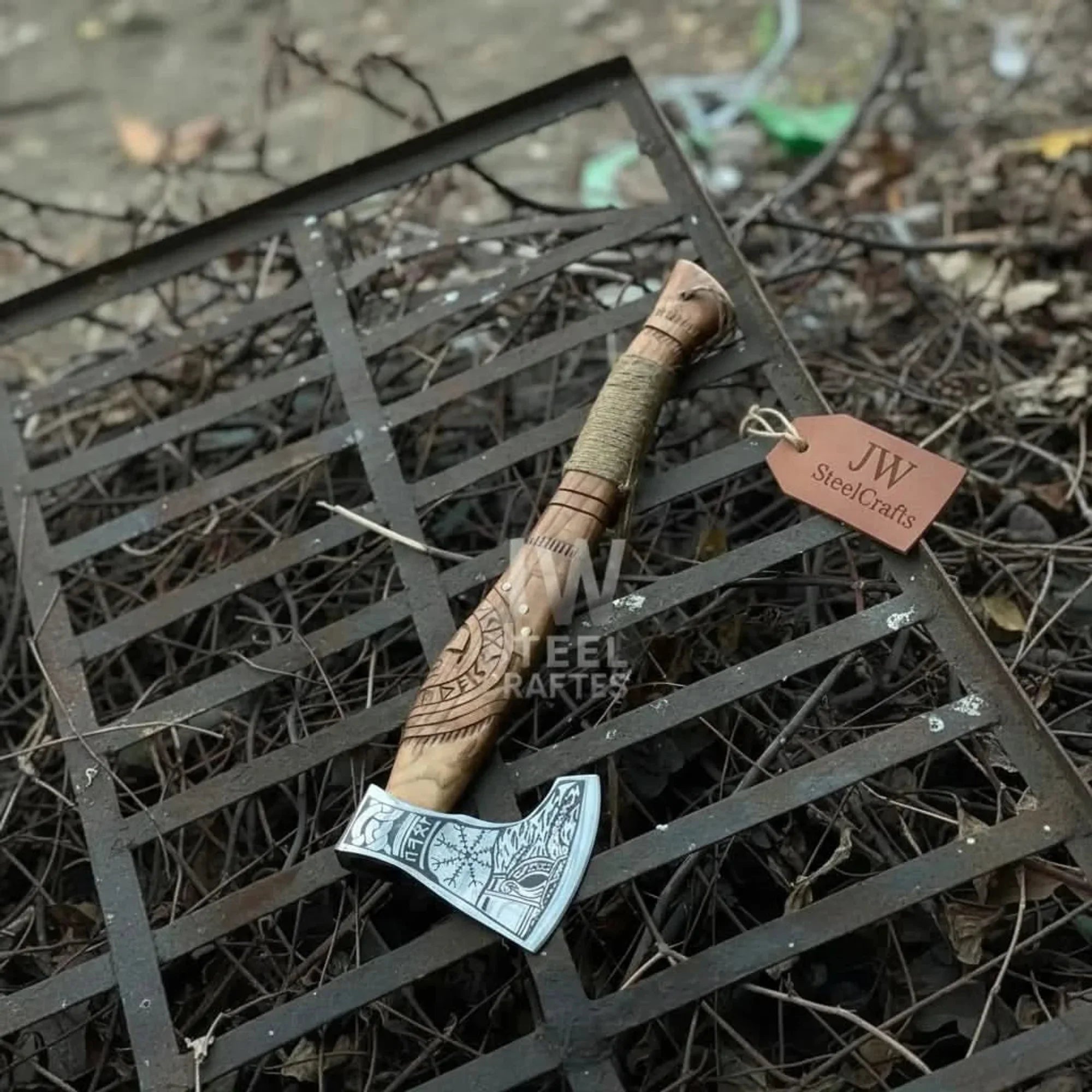 Norse Viking Axe Set with Engraved Steel Heads and Carved Hardwood Handles