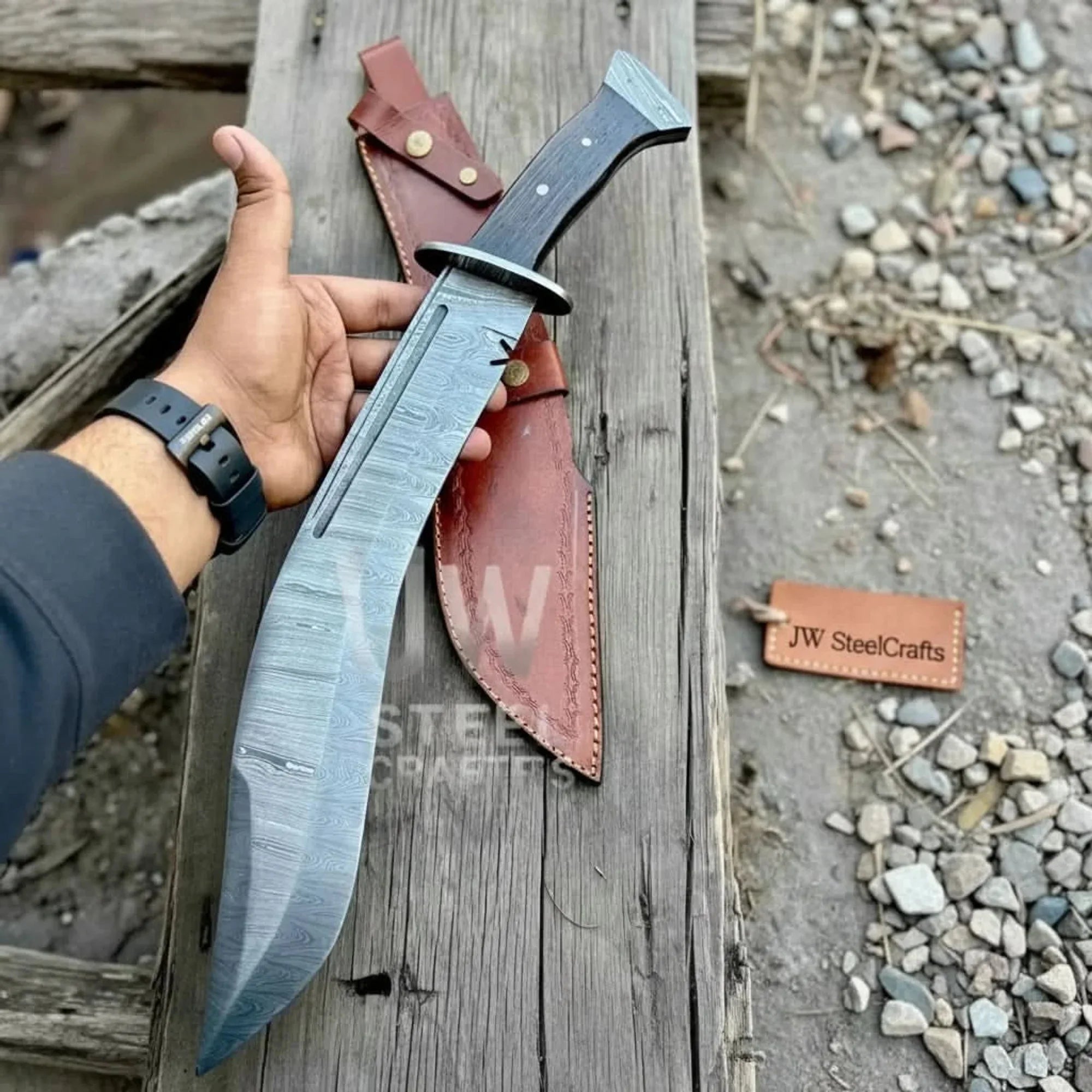 Handmade Kukri Bowie Knife Damascus Steel Recurve Blade Full Tang with Leather Sheath – JW SteelCrafts