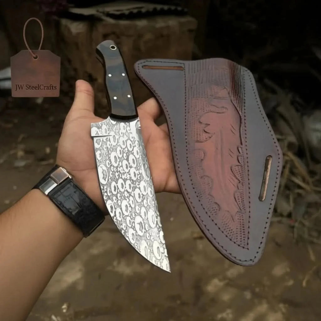 Hand-Forged Hammered Blade Knife Walnut Grip & Belt Sheath