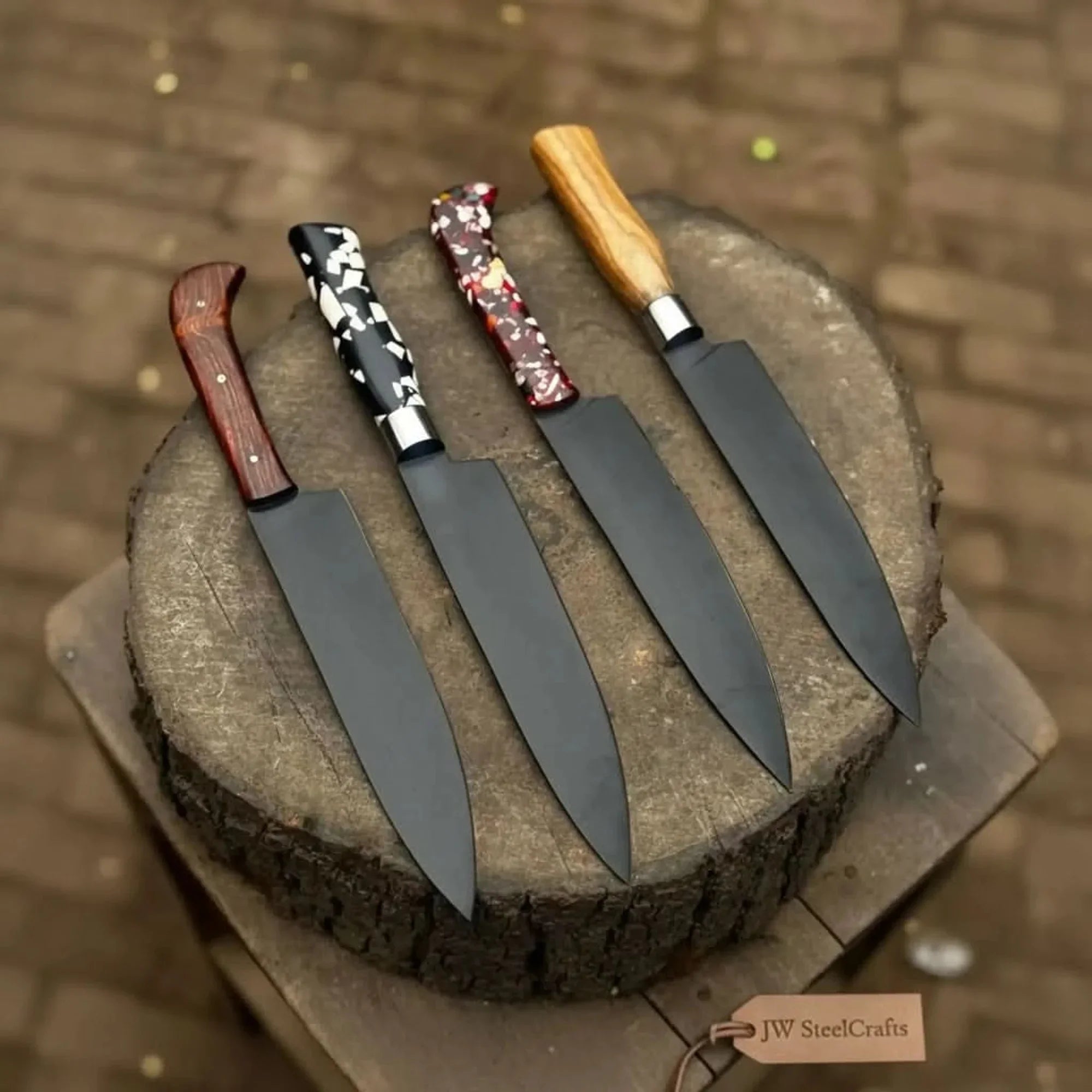 Black Blade Chef Knife Full Tang with Custom Handle & Leather Sheath