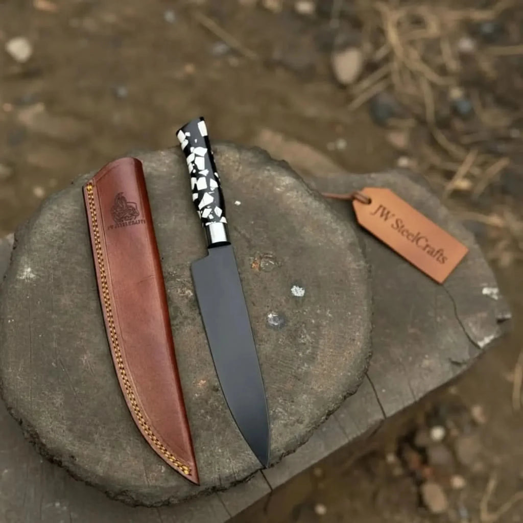 Black Blade Chef Knife Full Tang with Custom Handle & Leather Sheath