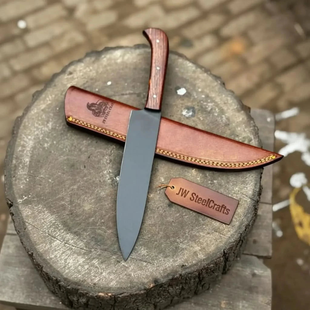 Black Blade Chef Knife Full Tang with Custom Handle & Leather Sheath