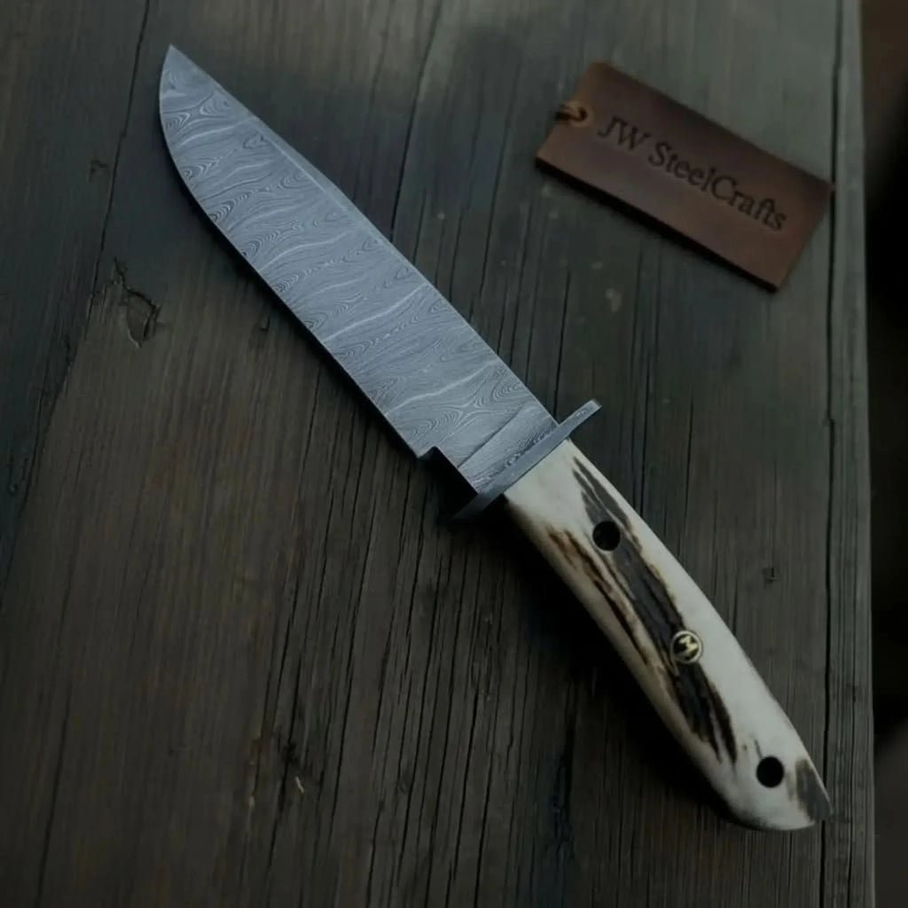 Handmade Damascus Hunting Knife with Stag Antler Bowie Blade