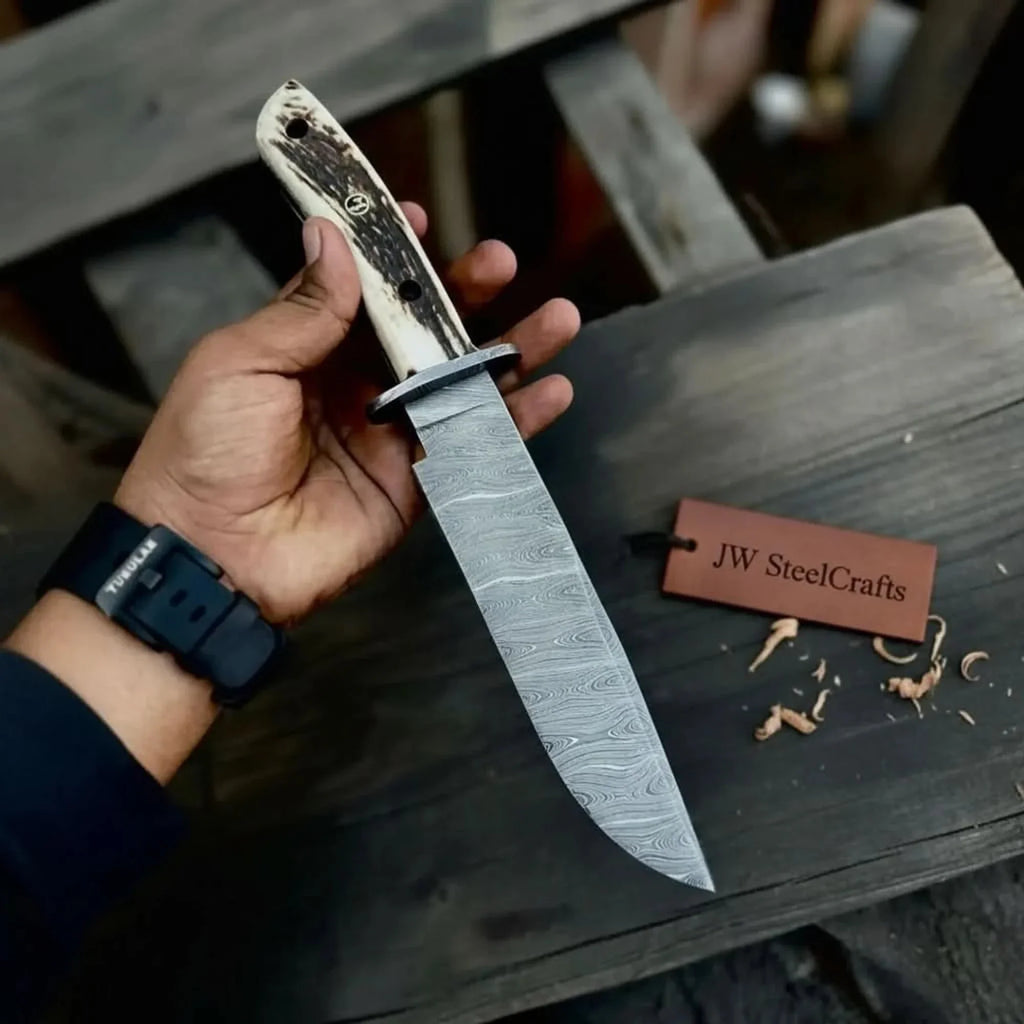 Handmade Damascus Hunting Knife with Stag Antler Bowie Blade