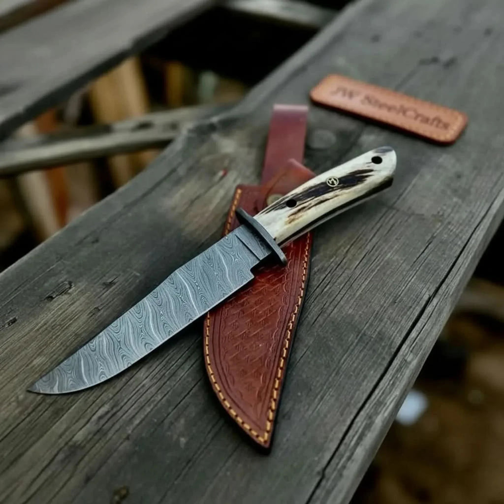 Handmade Damascus Hunting Knife with Stag Antler Bowie Blade