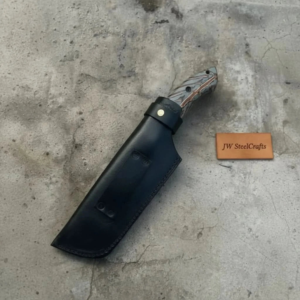 Damascus Hunting Knife with Grey Pinecone Handle Full Tang