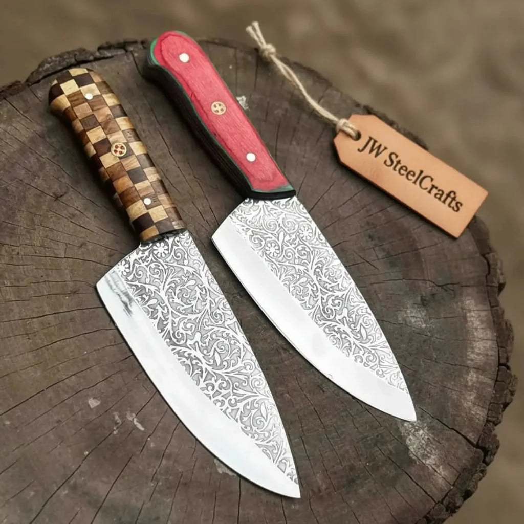 Acid-Etched Chef Knife with Red Pakka Wood & Checker Brown Wood Handle