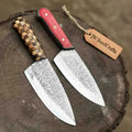 Acid-Etched Chef Knife with Red Pakka Wood & Checker Brown Wood Handle