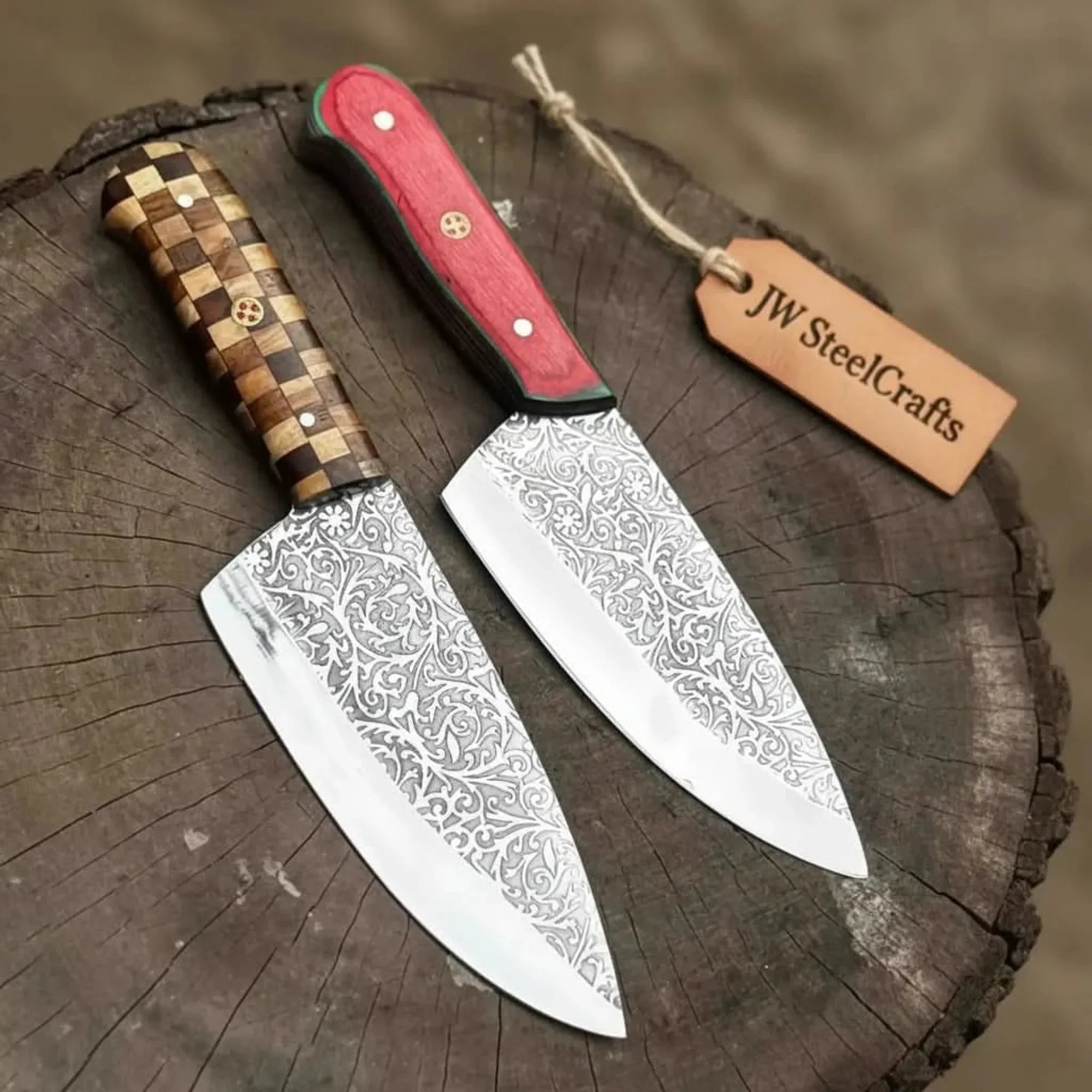 Acid-Etched Chef Knife with Red Pakka Wood & Checker Brown Wood Handle