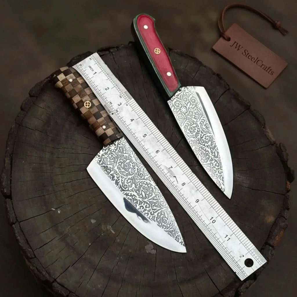 Acid-Etched Chef Knife with Red Pakka Wood & Checker Brown Wood Handle