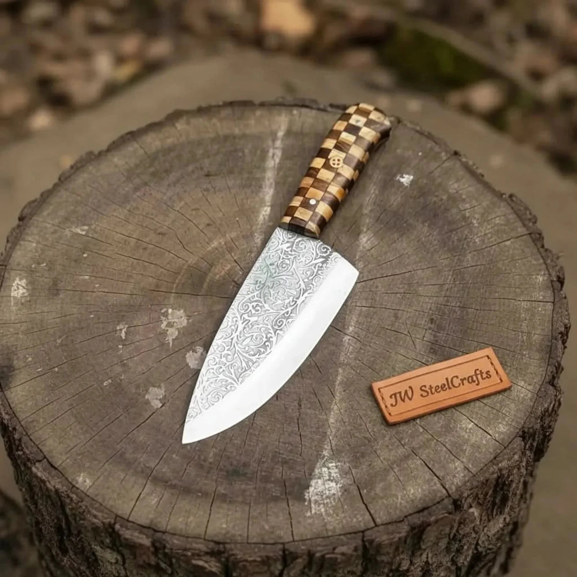 Acid-Etched Chef Knife with Red Pakka Wood & Checker Brown Wood Handle