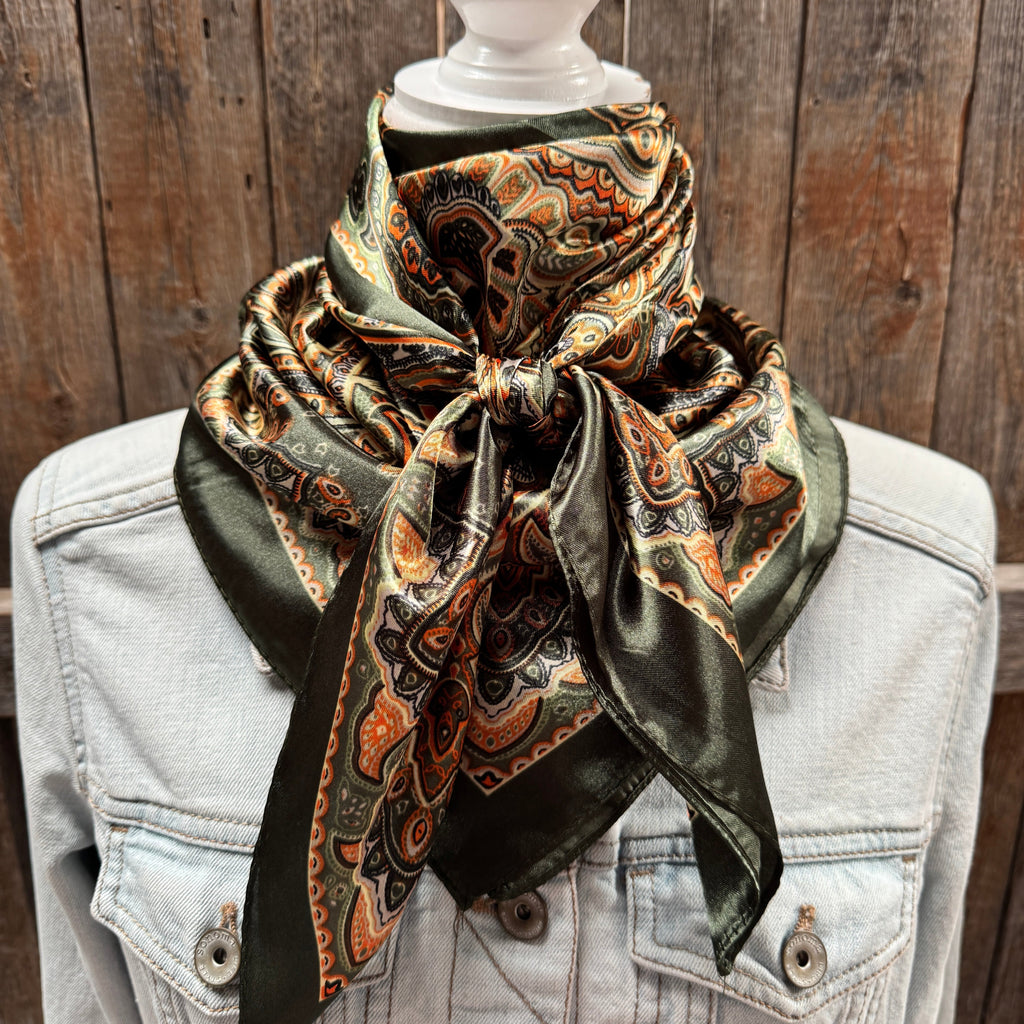 Olive Green and Orange Paisley Wild Rag - Western Scarf