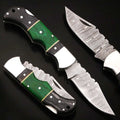 Green-Trail Damascus Pocket Knife with Wood Grain Blade