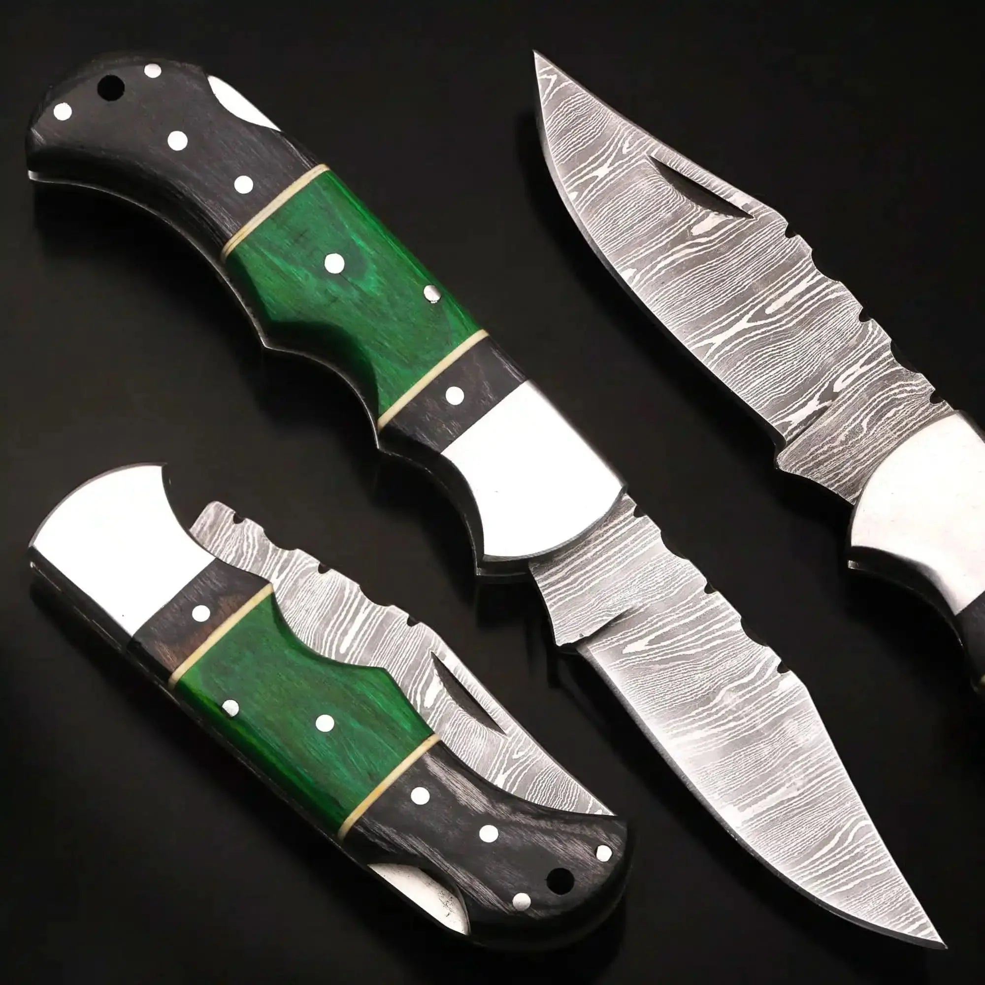 Green-Trail Damascus Pocket Knife with Wood Grain Blade