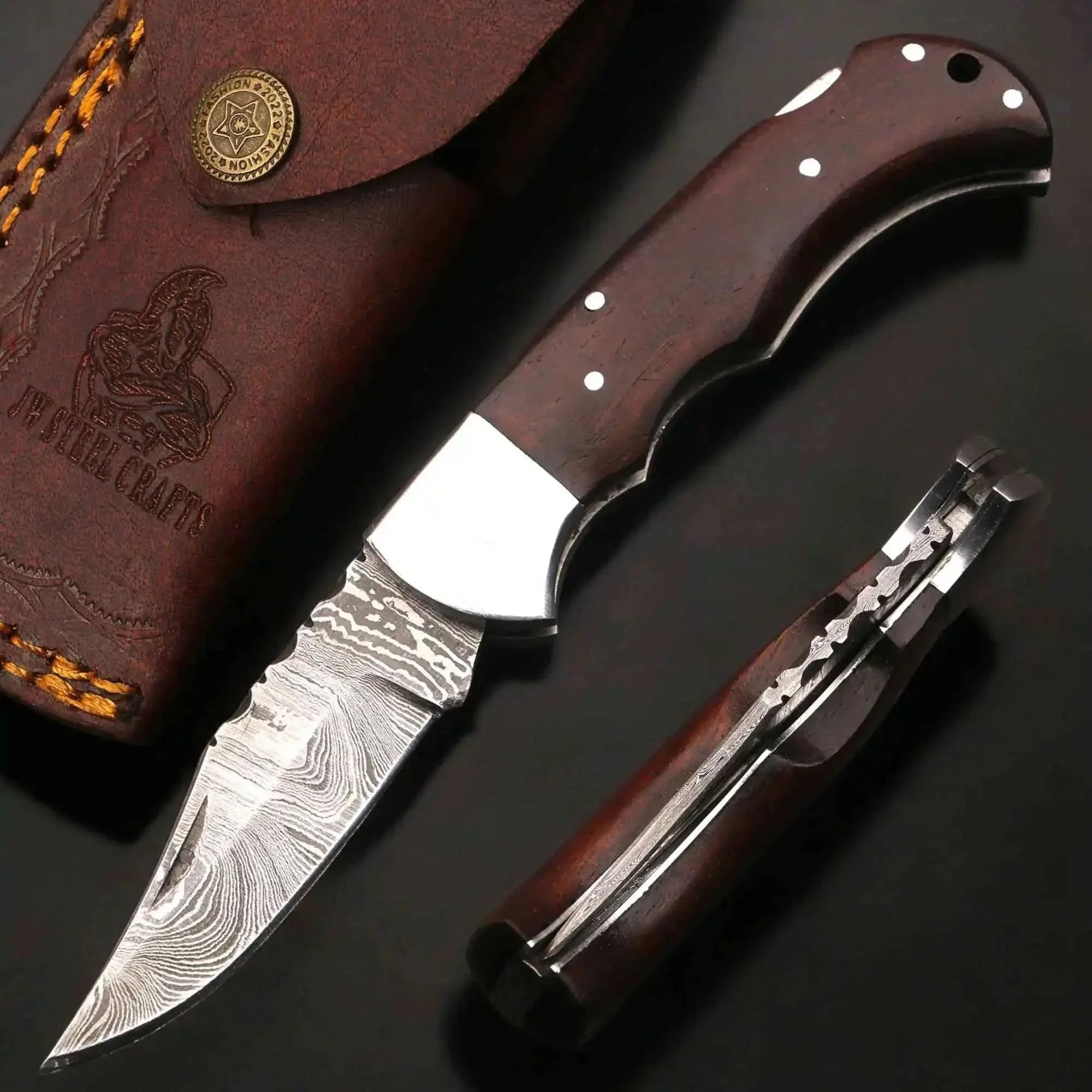 Damascus Rosewood Folding Knife with Lockback and Leather Sheath
