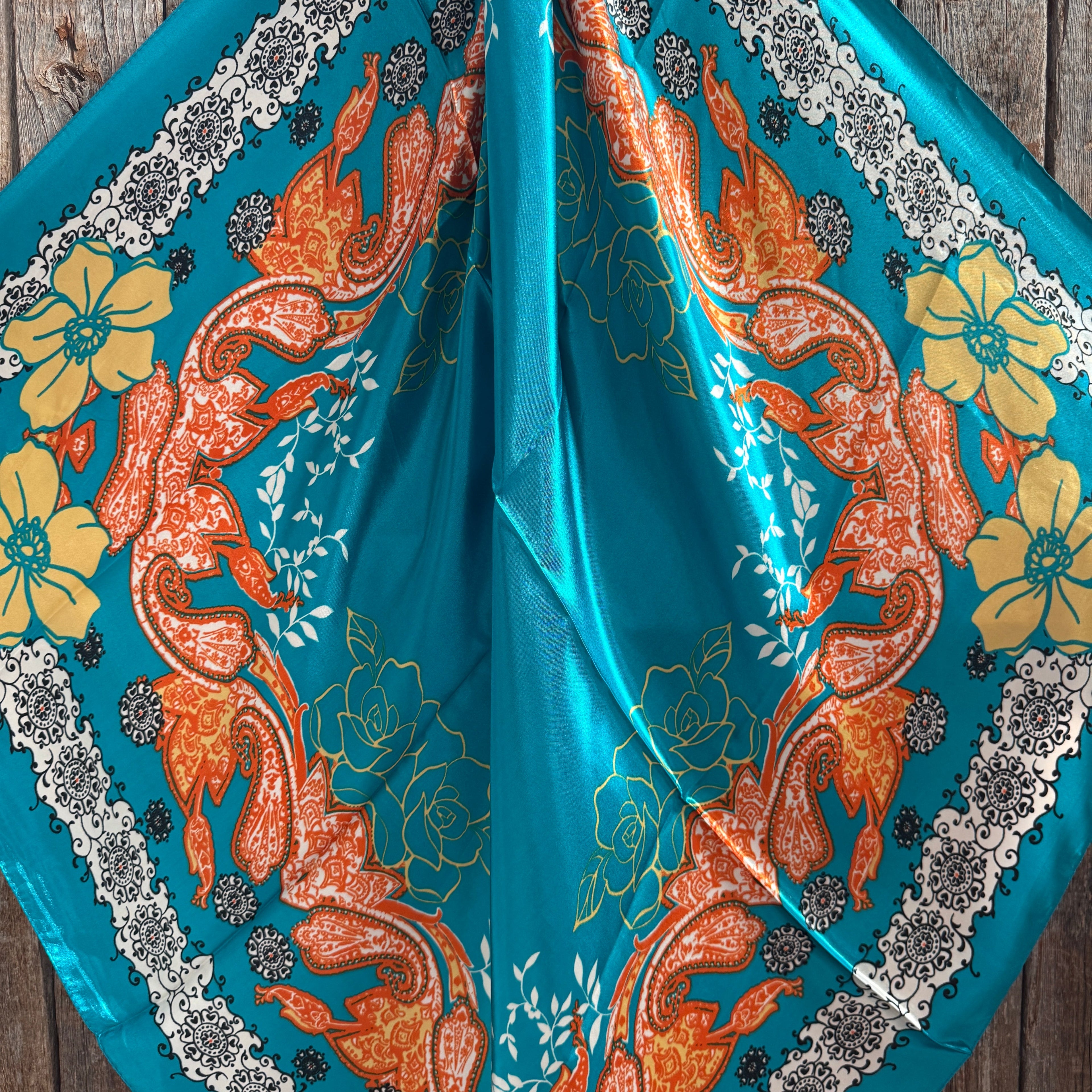 Teal and Orange Floral Paisley Wild Rag - Western Scarf