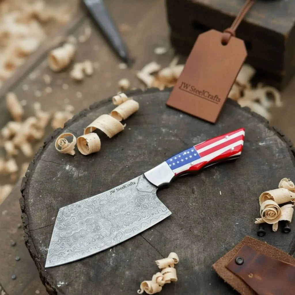 Ko Bunka Damascus Knife Reverse Tanto USA Flag Handle