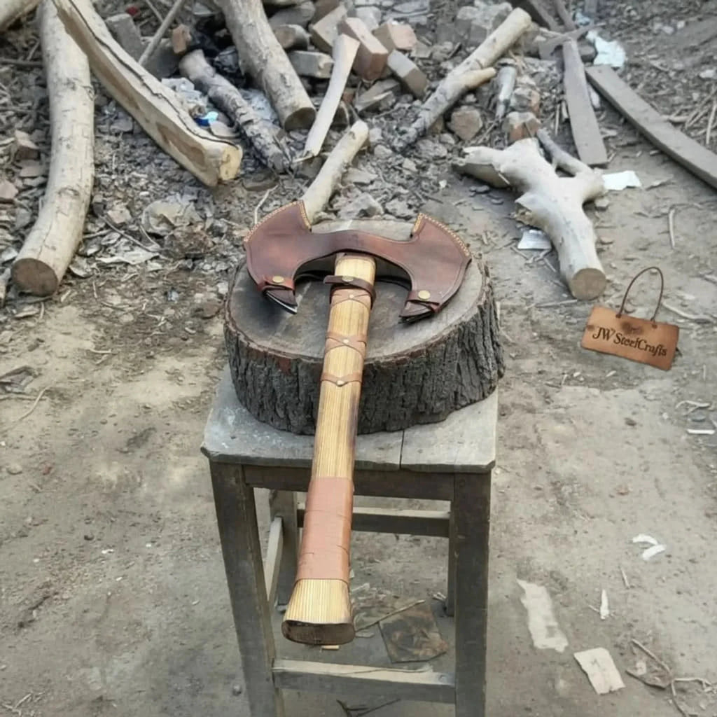 Handcrafted Double-Head Decorative Axe with Wooden Handle – JW SteelCrafts