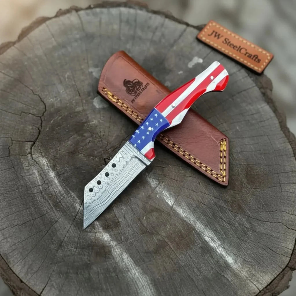 Damascus Tanto Fixed Blade Knife with American Flag Resin Handle, and Leather Sheath