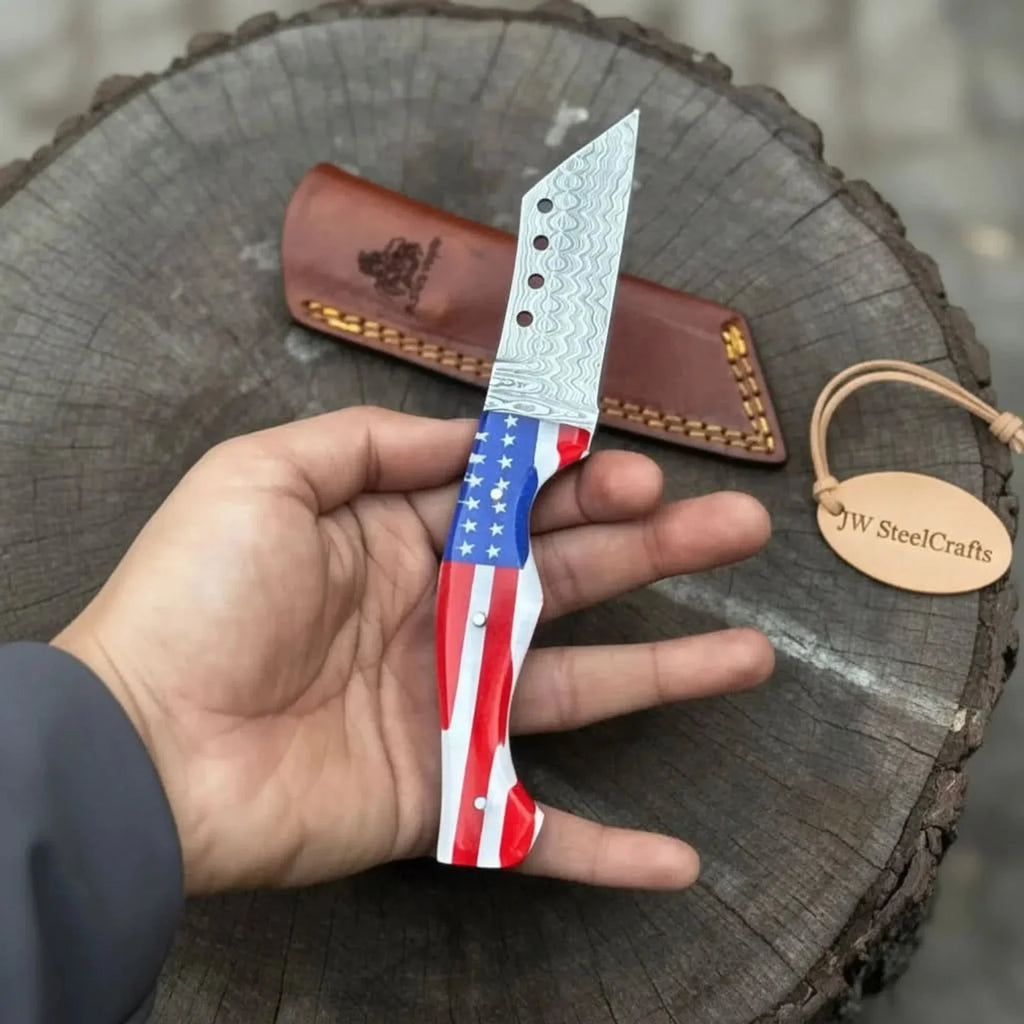 Damascus Tanto Fixed Blade Knife with American Flag Resin Handle, and Leather Sheath