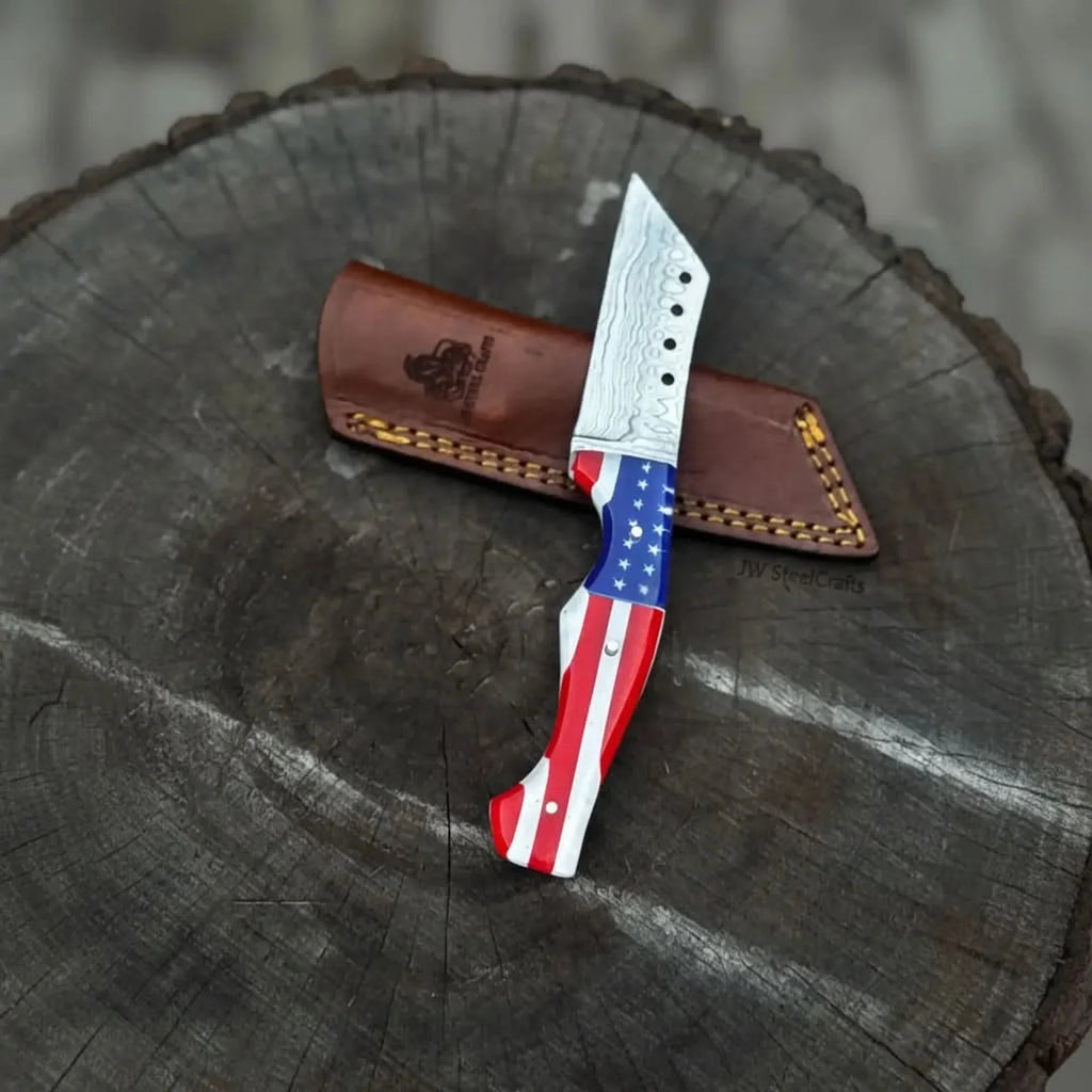 Damascus Tanto Fixed Blade Knife with American Flag Resin Handle, and Leather Sheath