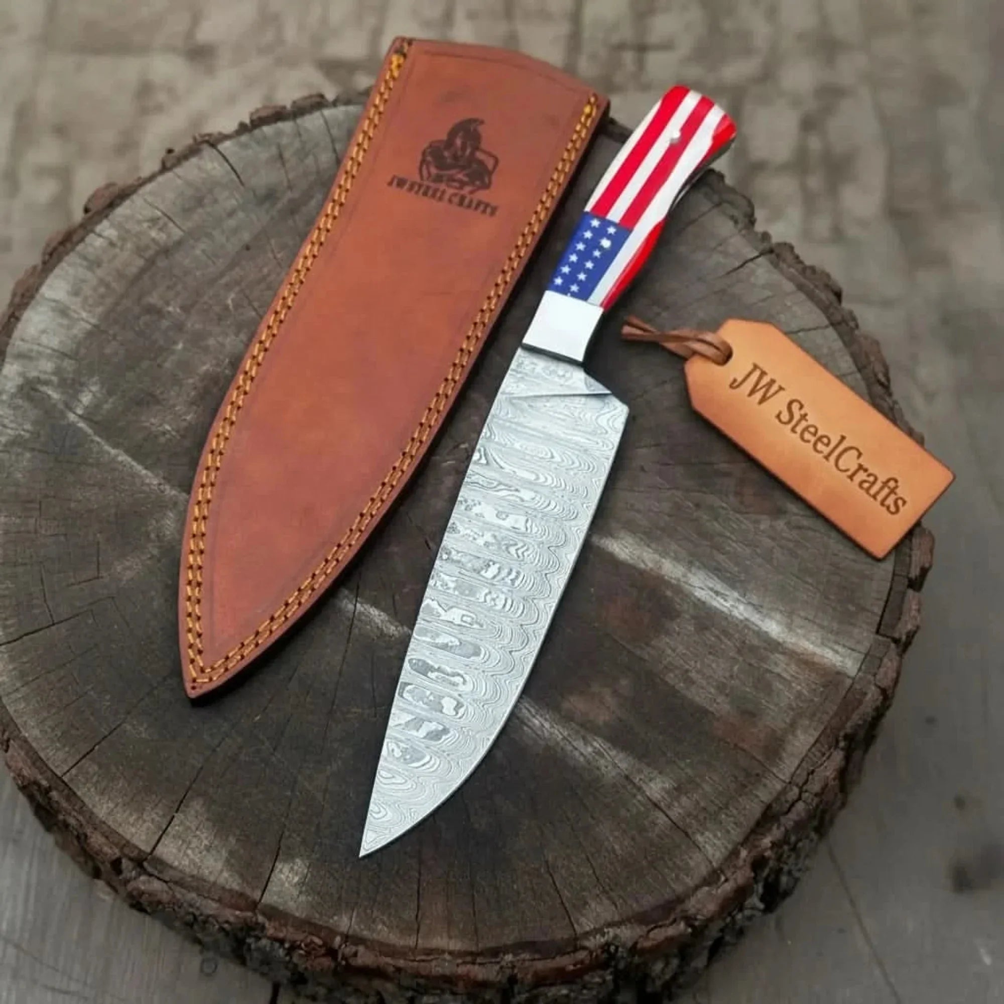 Damascus Chef Knife USA Flag Resin Handle | Hand-Forged Performance Blade