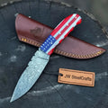 Damascus Steel USA Flag Handle Knife 5-Inch Raindrop, & Leather Sheath