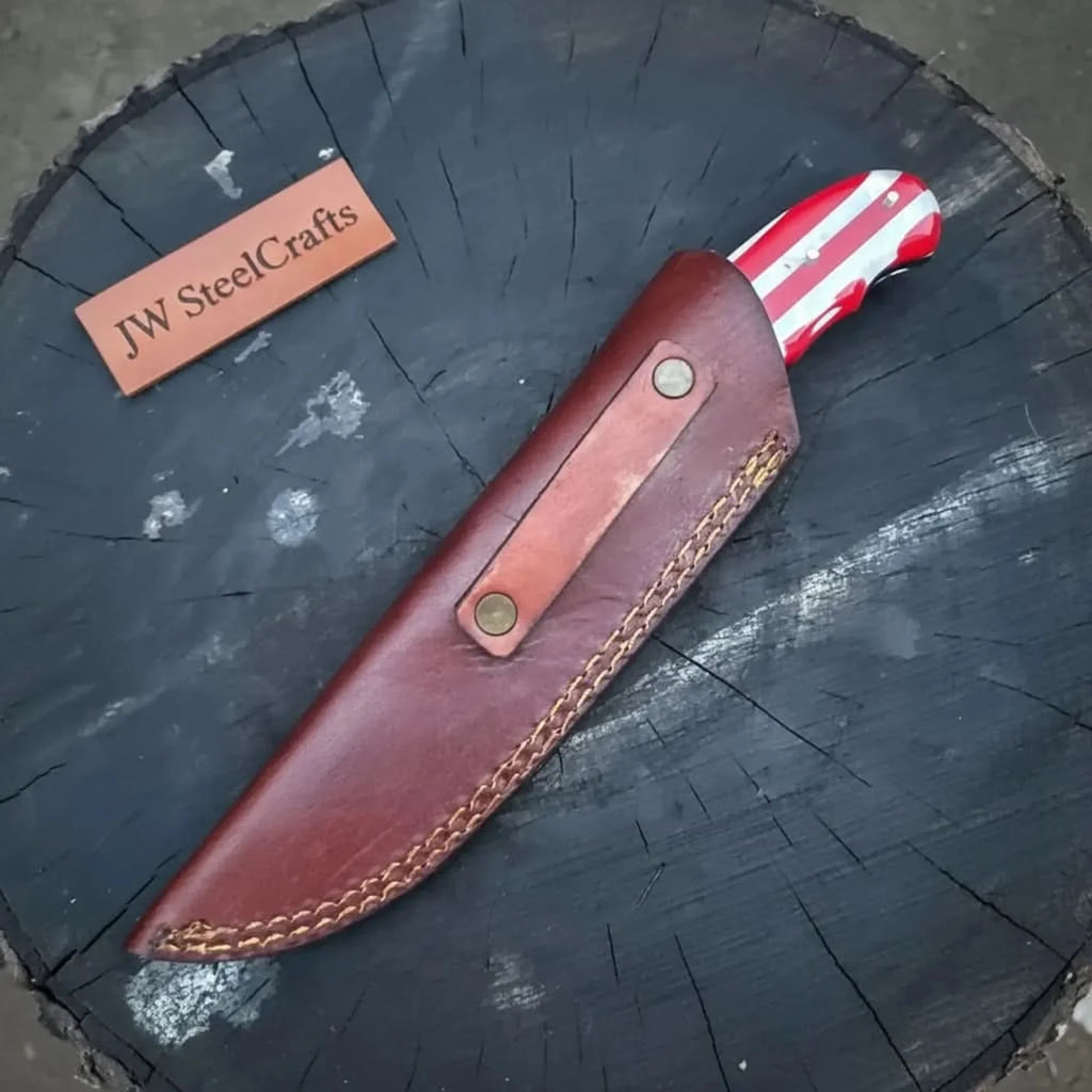 Damascus Steel USA Flag Handle Knife 5-Inch Raindrop, & Leather Sheath
