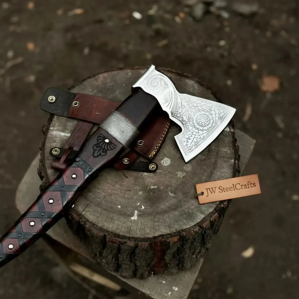 Viking Bearded Axe with Norse Engraved Blade and Leather Sheath