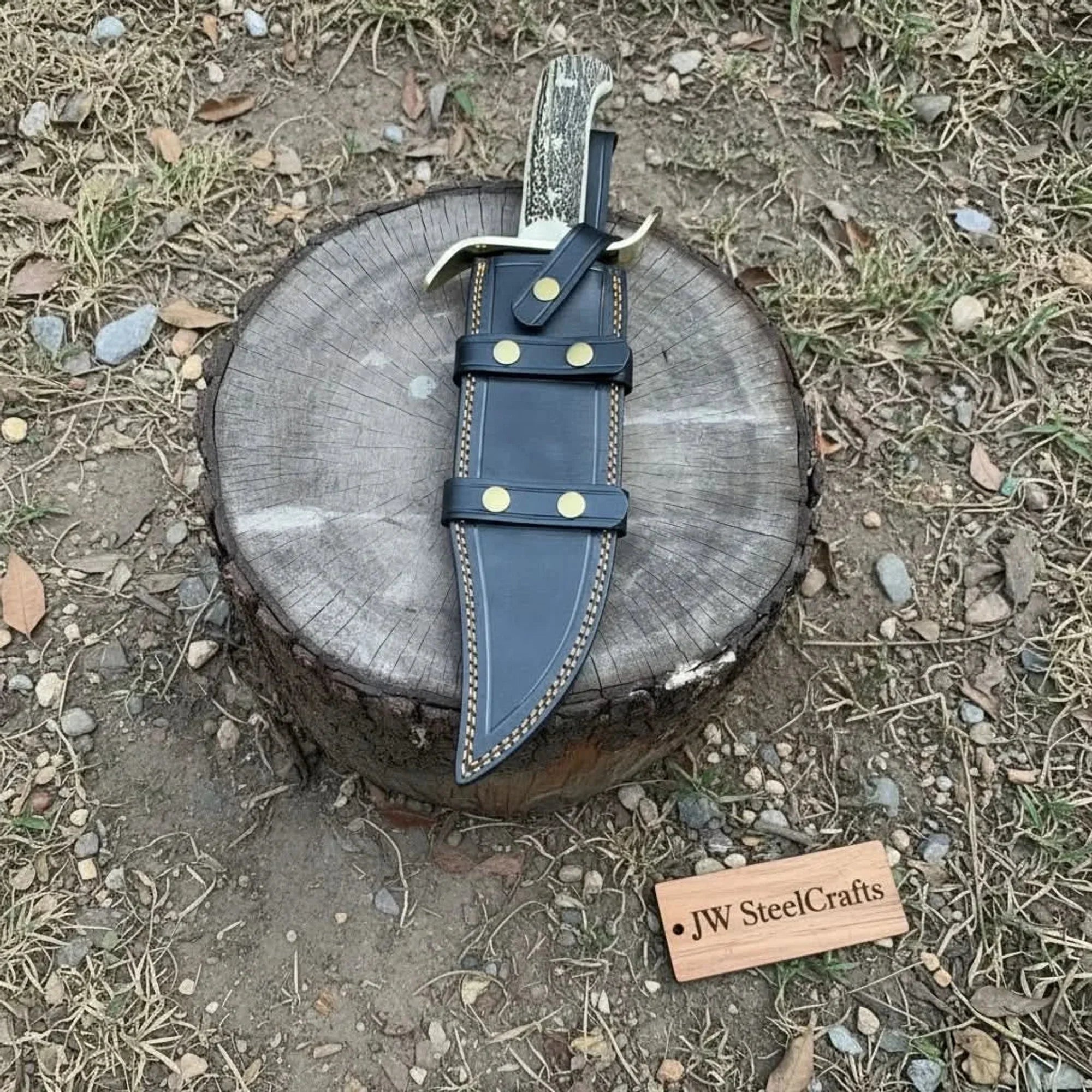 16-Inch Damascus Bowie Knife — 11-Inch Blade, Stag Handle, Brass S-Guard & Leather Belt Sheath